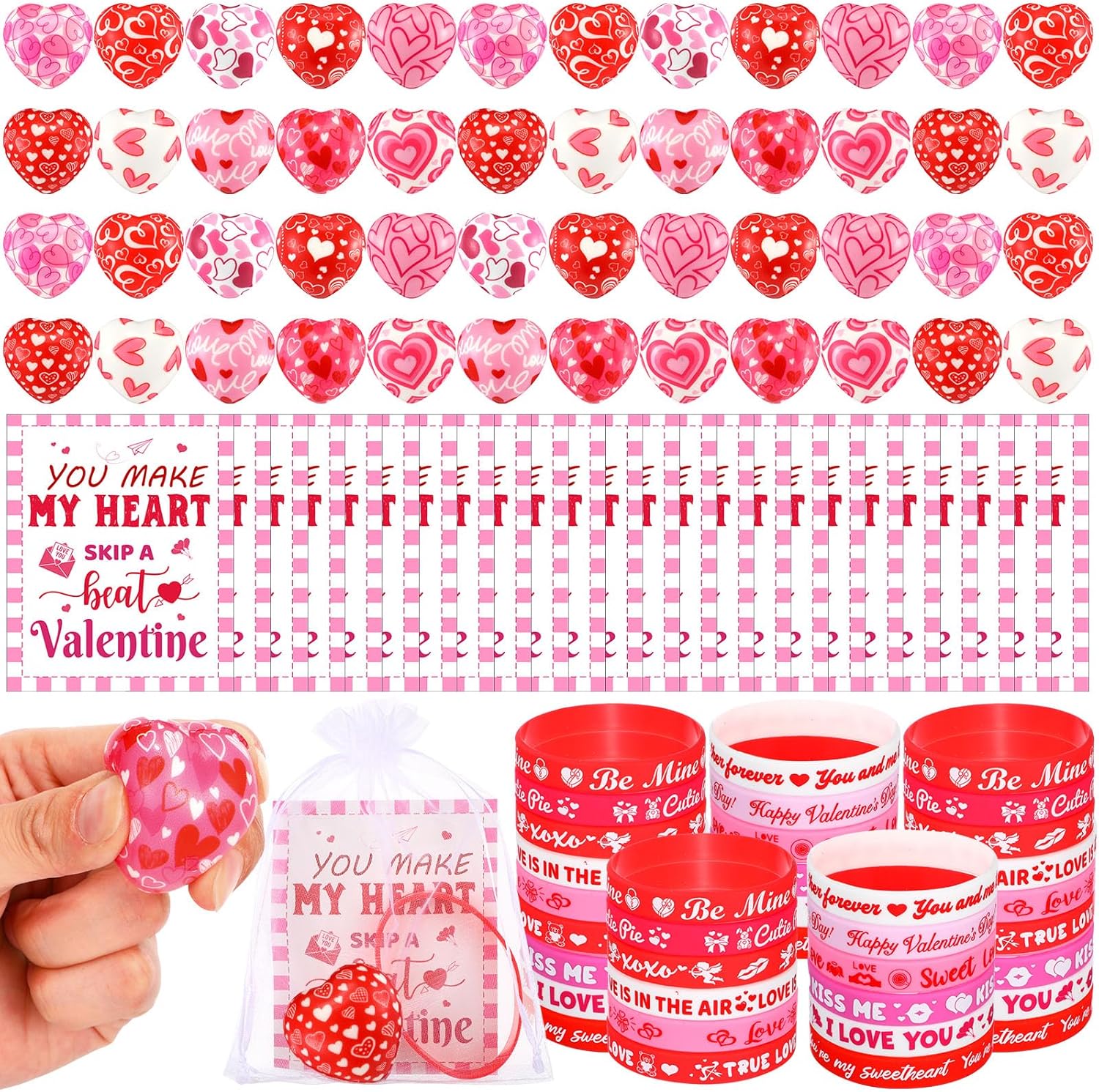 Skylety 48 Sets Valentine's Day Heart Stress Ball and Valentines Silicone Bracelets Bulk Mini Heart Shaped Stress Relief Fidget Rubber Wristbands with Card for Valentine Party Favors Exchange Gifts