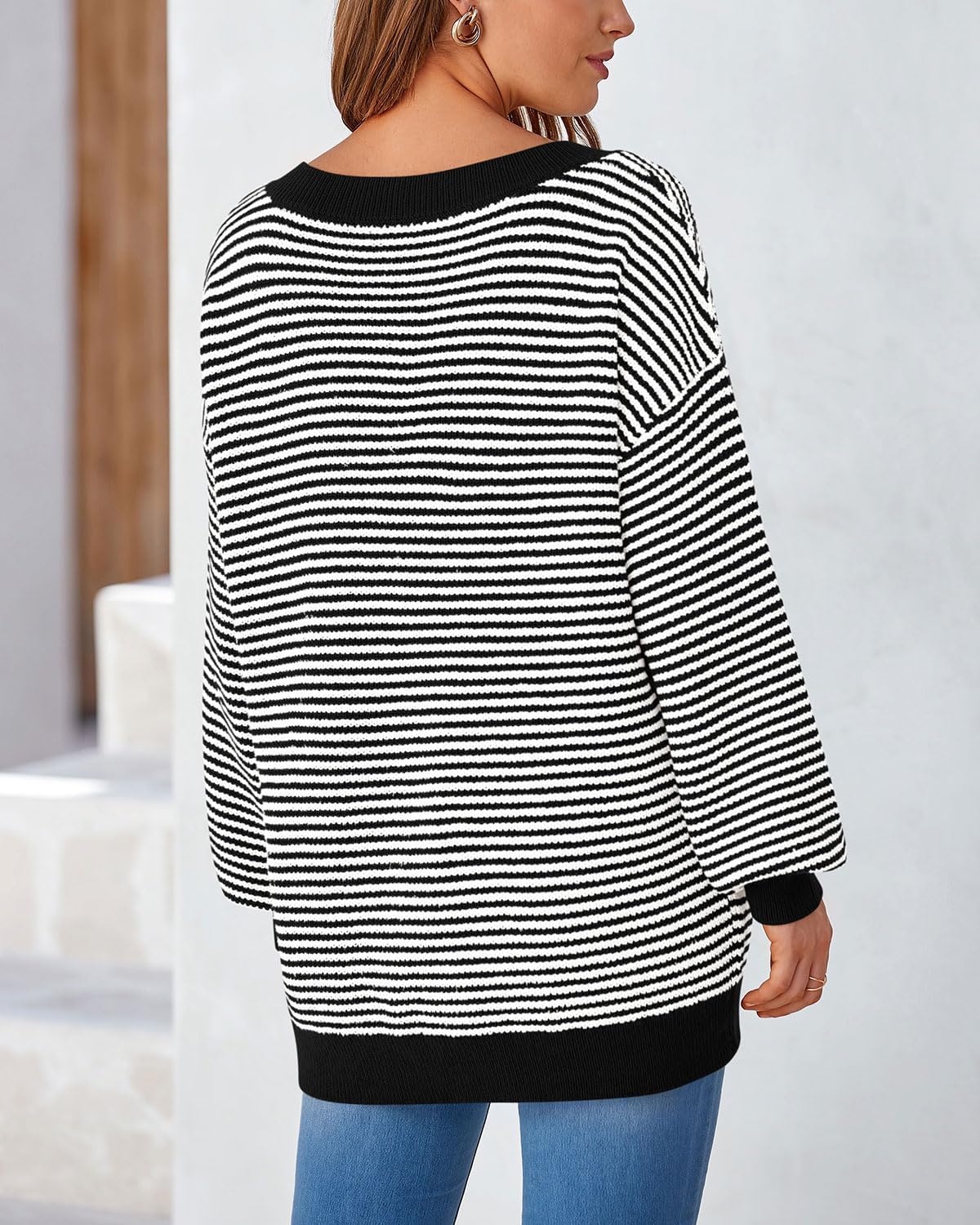 Zenlonr Womens Off The Shoulder Sweater 2025 Fall Winter Long Sleeve Striped Sweater Oversized Knitted Pullover Tops - Image 5