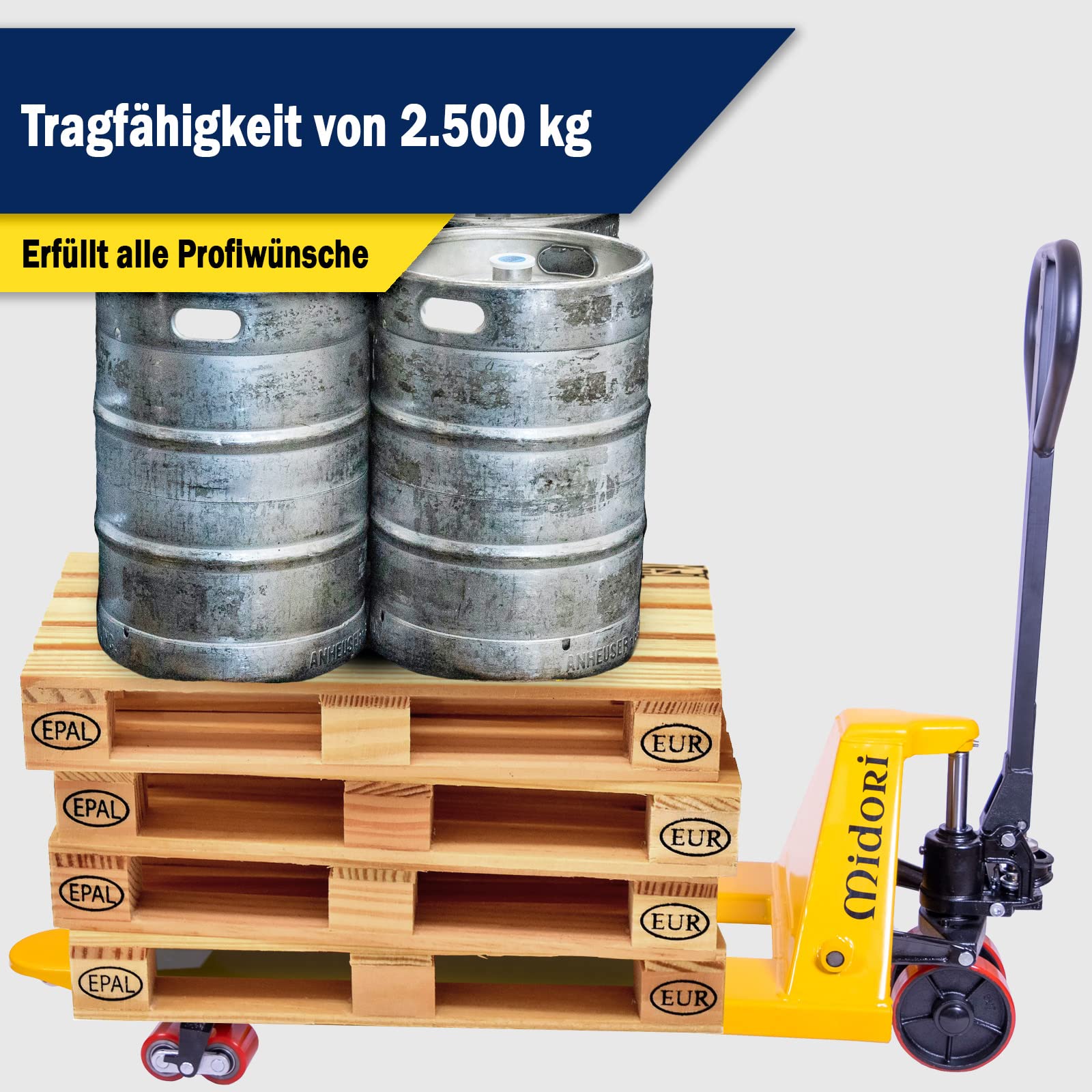Midori Hubwagen 2500 kg Tragkraft | 1150 mm Gabellänge | Polyurethan Tandem-Gabelrollen, Stahlrahmen, 200 mm Hubhöhe | Palettenhubwagen für Europaletten