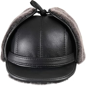 Mens Shearling Sheepskin Visor Earflap Trapper Fur Hat