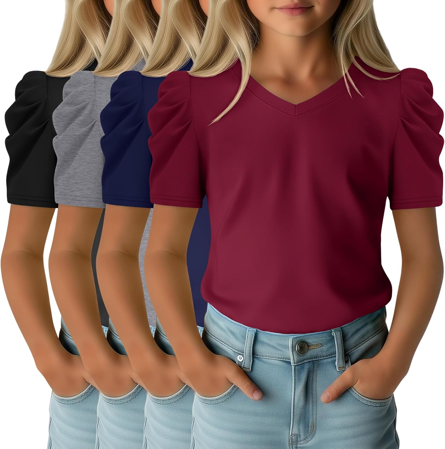 Oakgarden 4 Pack Girls Puff Short Sleeve Tops Kids Summer Cute T Shirts V Neck Casual Tees Casual Blouse Multipack 5-14 Years