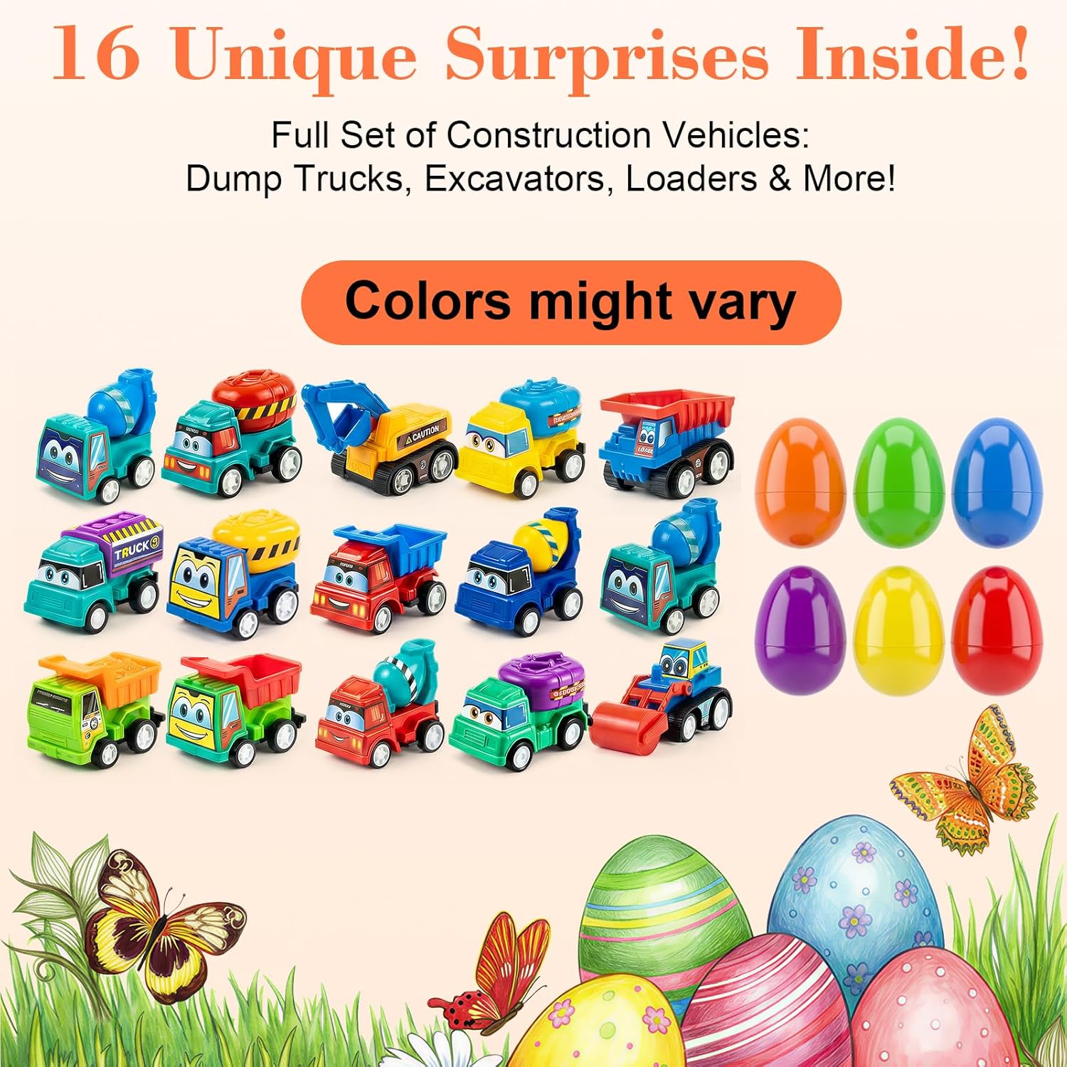 Easter Eggs with Toy Cars Inside - 16 Pcs Easter Eggs Filled with Construction Vehicles, Easter Basket Stuffers & Party Favors for Kids Boys Girls Toddlers Age 3+ Years Old