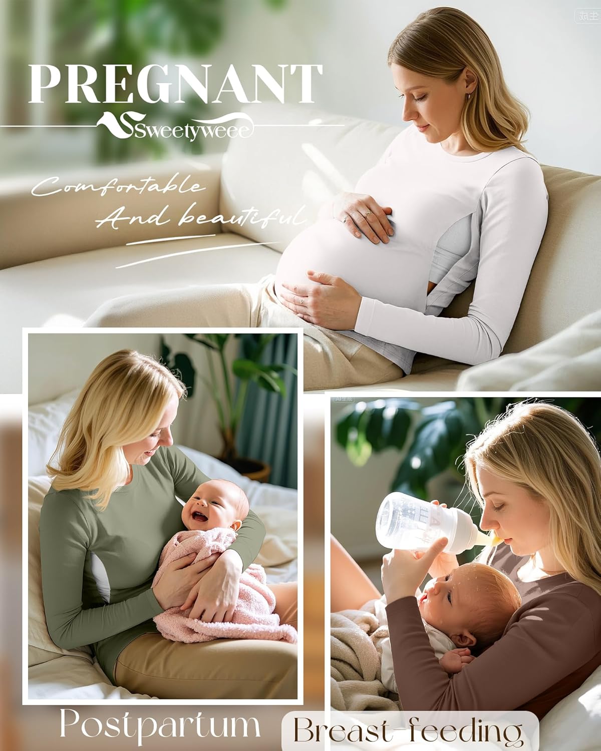 4 Pack Women's Nursing Breastfeeding Tops, Long Sleeve Maternity Shirts Loose Fit Hidden Zipper Pregnancy Clothes - Image 3