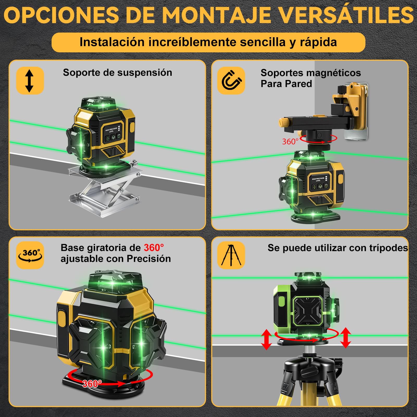 Nivel Laser Autonivelante 360 Grados, Nivel Láser Verde 16 Líneas, Línea Verde Cruzada Horizontal y Vertical Con 2 baterías de 3600 mAh y trípode telescópico, IP54, para Obras, Interiores