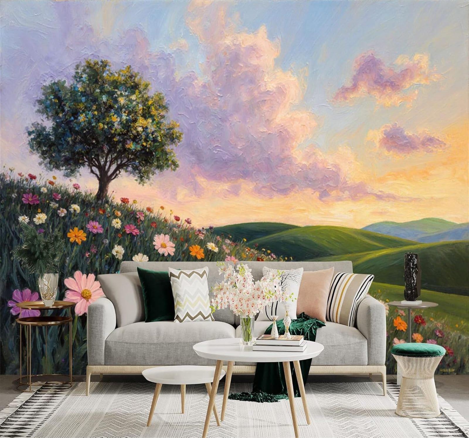 XLMING Blooming Wildflowers Grassland Trees Sunset Sky 3D Wallpaper Silky Texture Home Study Office Grey Dining Room Sofa Bedroom Living Room TV Backdrop-300cm×210cm