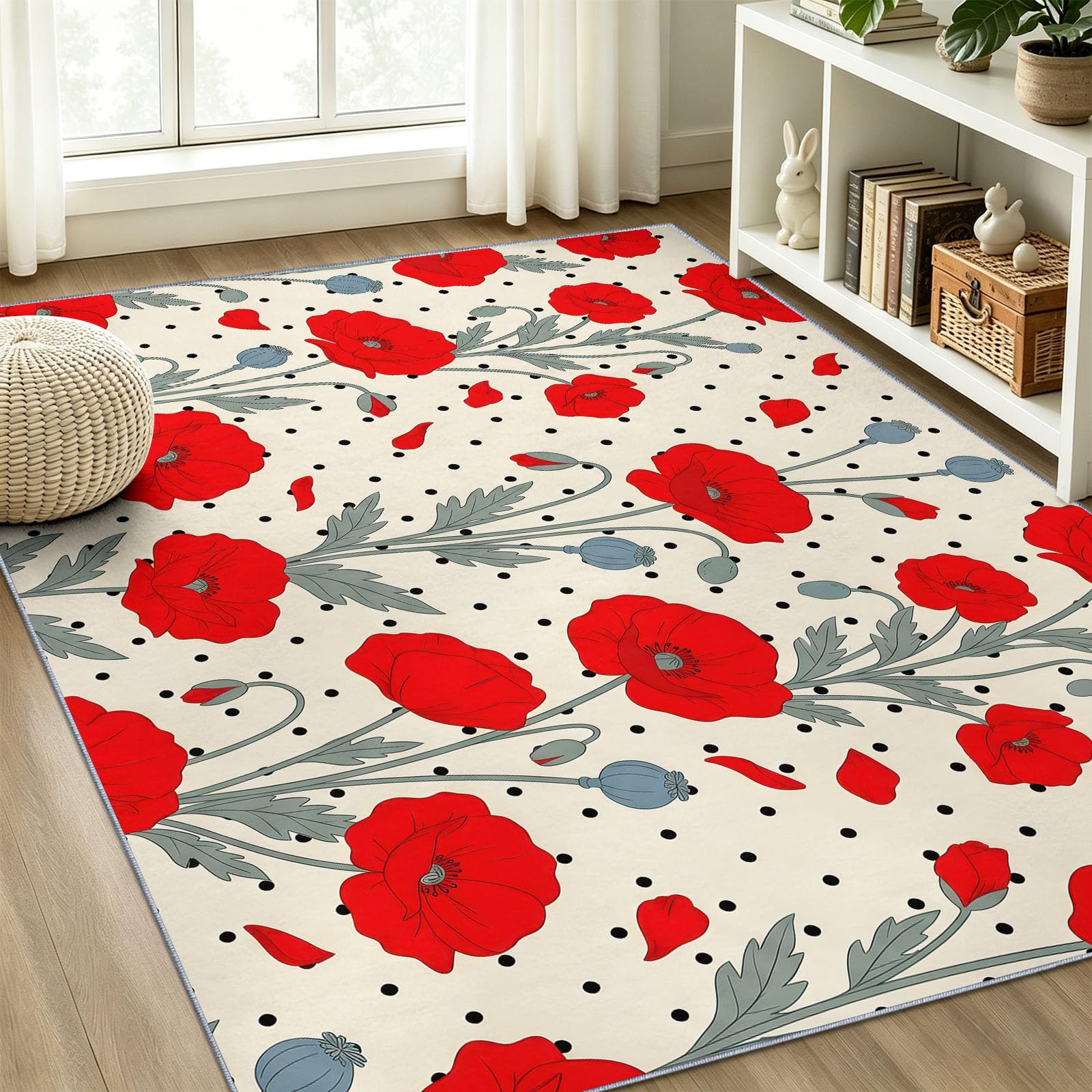 Dywan 140 x 200 cm, antypoślizgowe dywaniki akwarelowe kropki mak botaniczny kwiatowy biegacz krótkie do biura łazienka jadalnia, vintage czerwona sypialnia dywanik do łóżka