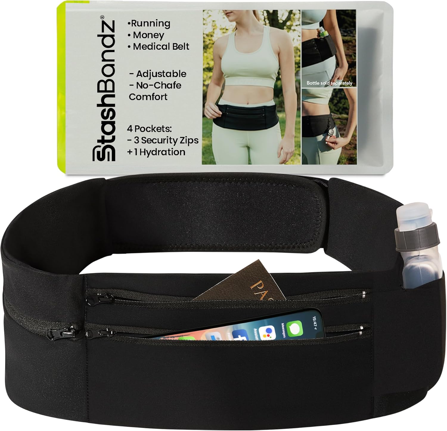 StashBandz Running Belt with Water Bottle Pocket – Adjustable No-Bounce Waist Pack, 3 Zippered Pockets & Key Clip, Sports Fanny Pack & Travel Money Belt, Fits Any Size Phone, Passport & More