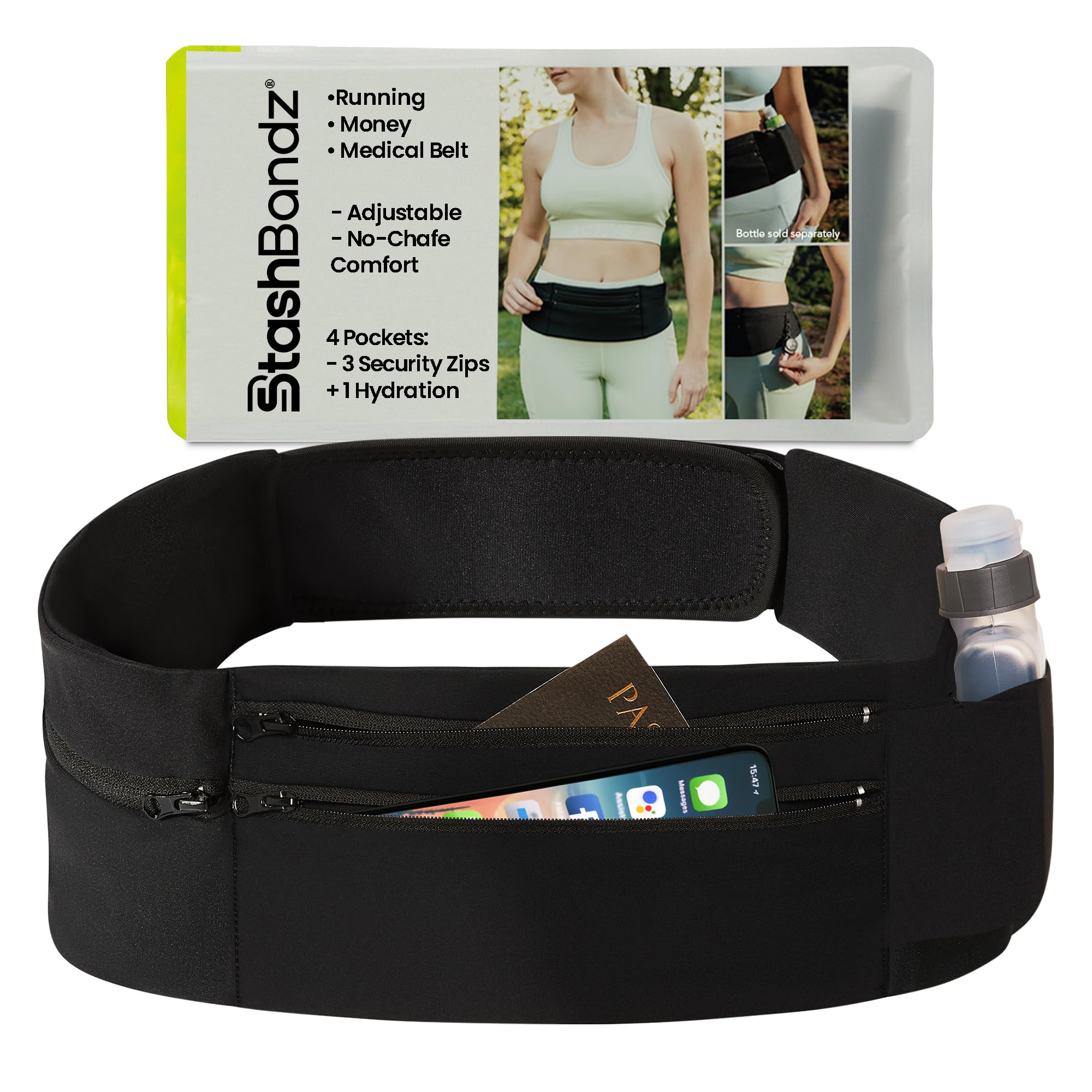 StashBandz Adjustable Running Belt - 3 Zippered Pockets + Water Bottle Holder, No-Bounce Travel Money Belt, Sports Fanny Pack, Waist Pack with Key