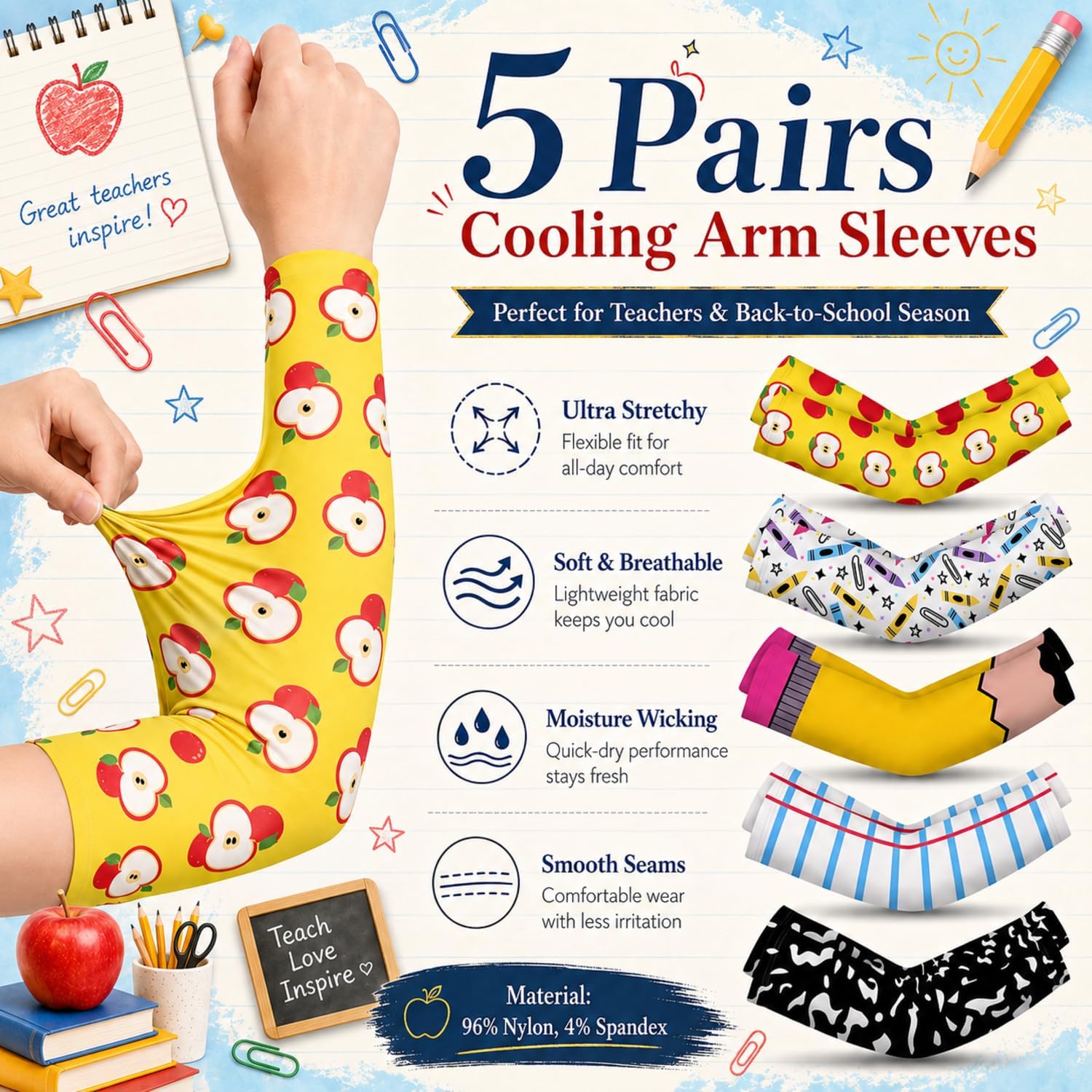 5 Pairs Sleeves to Cover Arms School Teacher Theme Sun Sleeves 5 Styles image 3