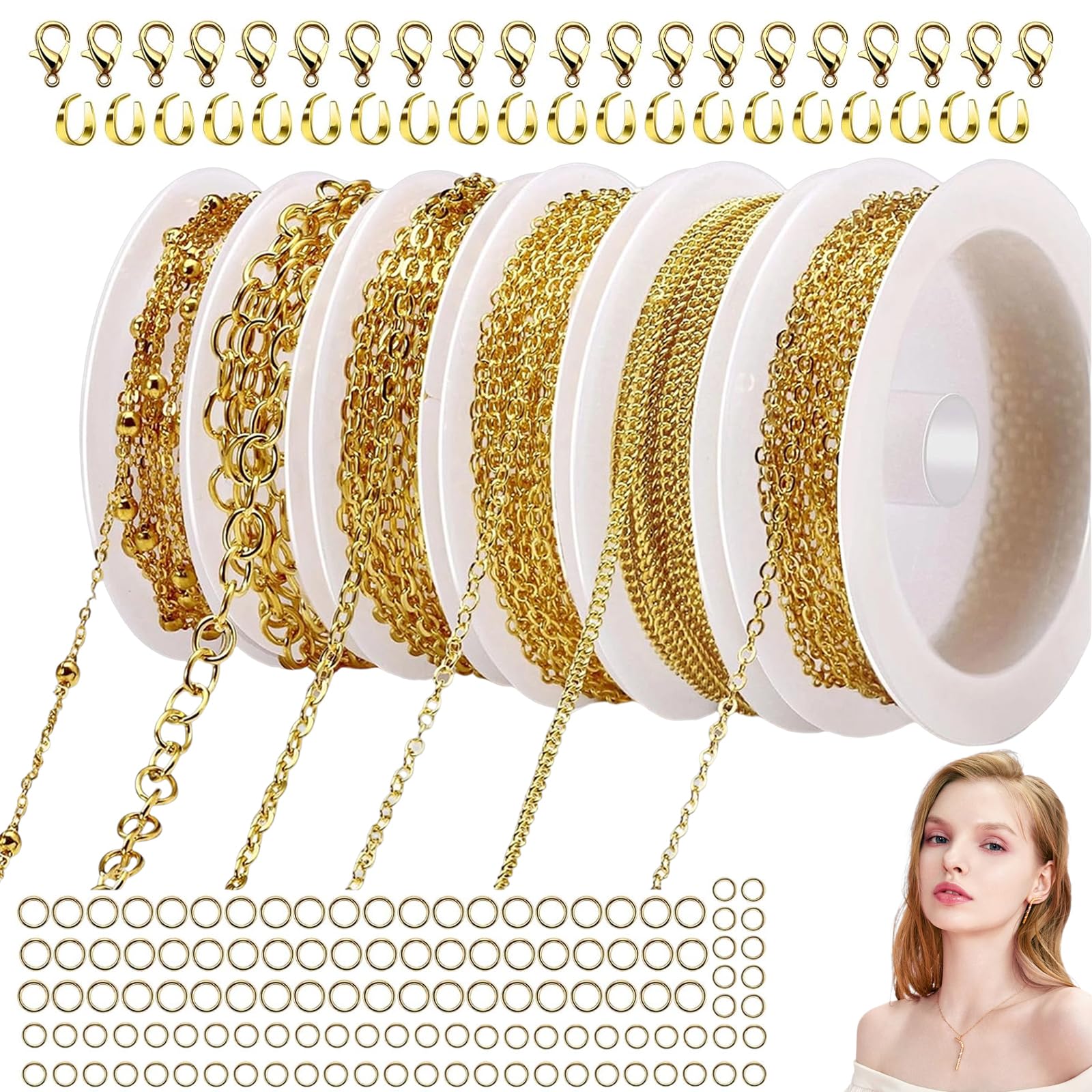 Kit Catene Oro Argento Catena A Maglie MAEXUS - 2 Rotoli Da 5m, Oro E Argento, Con Chiusure E Anelli Per Gioielli Fai Da Te Kit Creazione Gioielli - 2