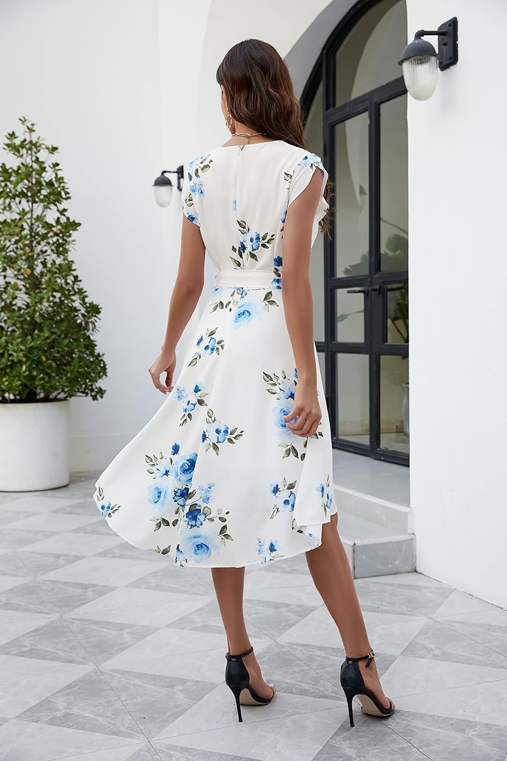 JASAMBAC Women's Floral High Low Dress for Wedding Guest Flowy Bohemian Empire Waist Swing Dress with Belt - Image 3