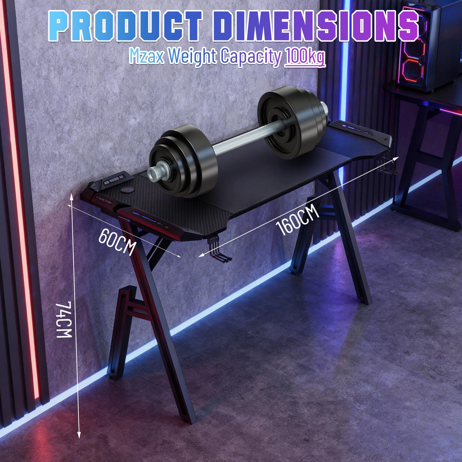 Gaming Tisch 160x60 CM, Gaming Schreibtisch mit LED Beleuchtung, Kohlefaseroberfläche, Getränkehalter, Kopfhörerhalter, Computertisch Ergonomisch, PC Tisch, Gamingtisch für Gaming, Streaming