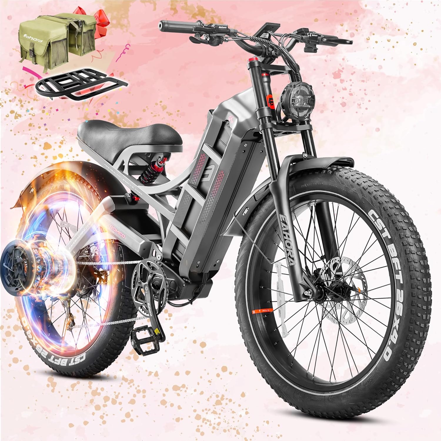 eAhora 2025 Romeo Pro Peak 1600W 34Mph Electric Bike for Adults, 48V/60Ah 200+Miles Long Range Electric Bike, 26 * 4.0" Fat Tire Full Suspension Electric Mountain Bike Gray+Rack+Bag