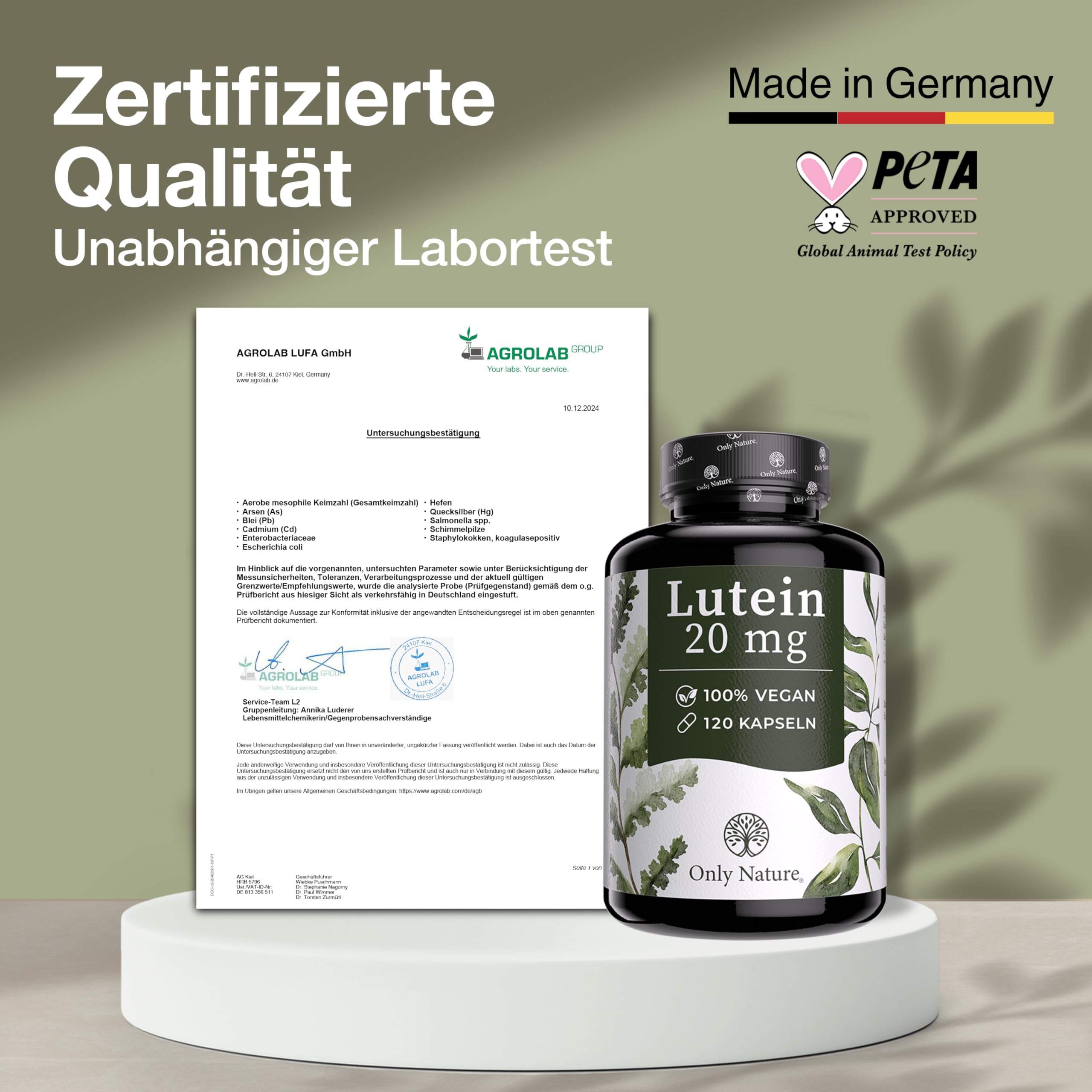 Only Nature® Lutein 20mg (mit 4 mg Zeaxanthin) - 120 Kapseln - Extra hochdosiert - in Deutschland produziert & laborgeprüfte Augenkapseln - 100% Vegan - Lutein hochdosiert