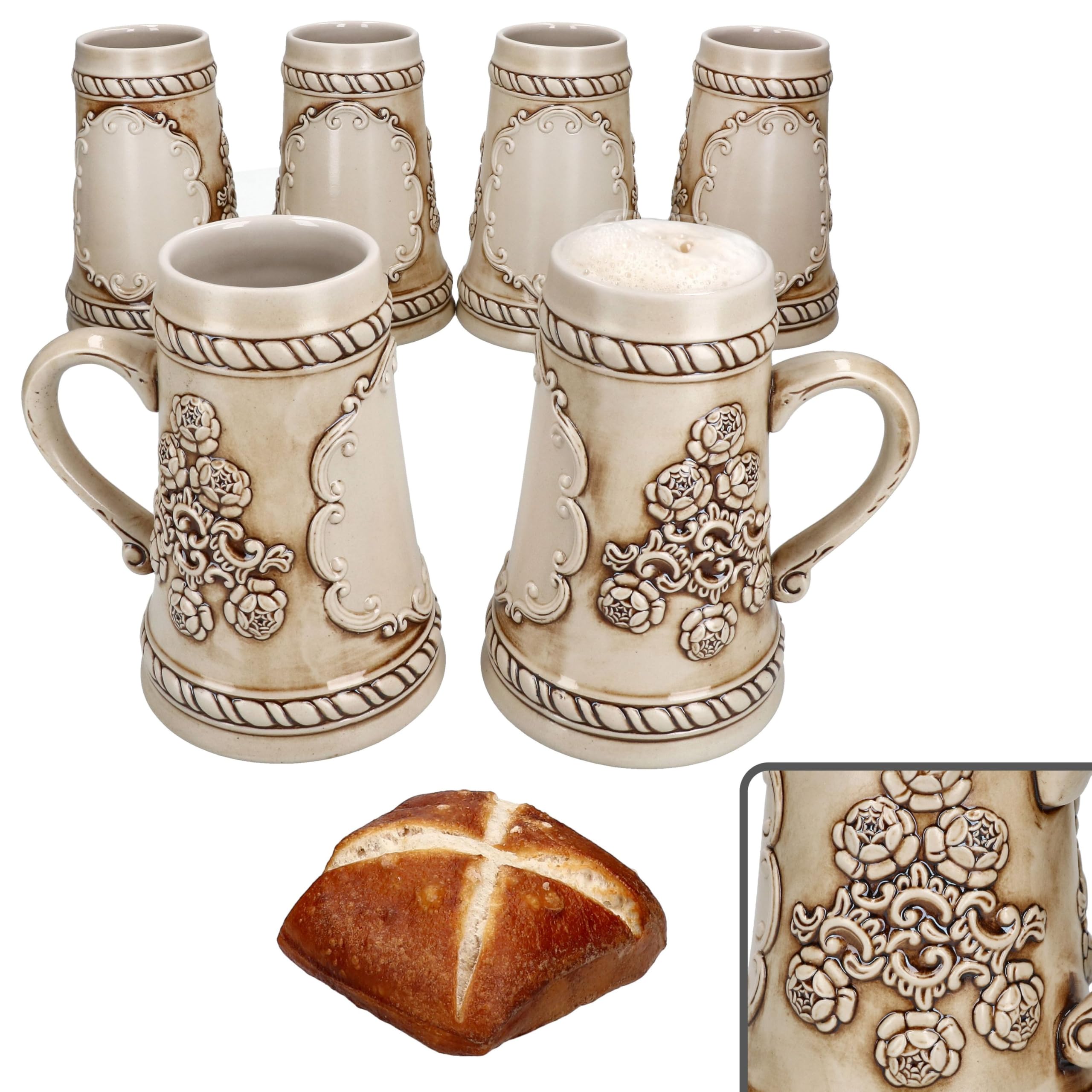 MamboCat Lot de 6 chopes à bière conique en céramique avec anse - 0,5 l - Beige/marron - Avec relief et plaque pour 6 personnes - Chope à bière au look vintage - Pour barbecue, fête de club