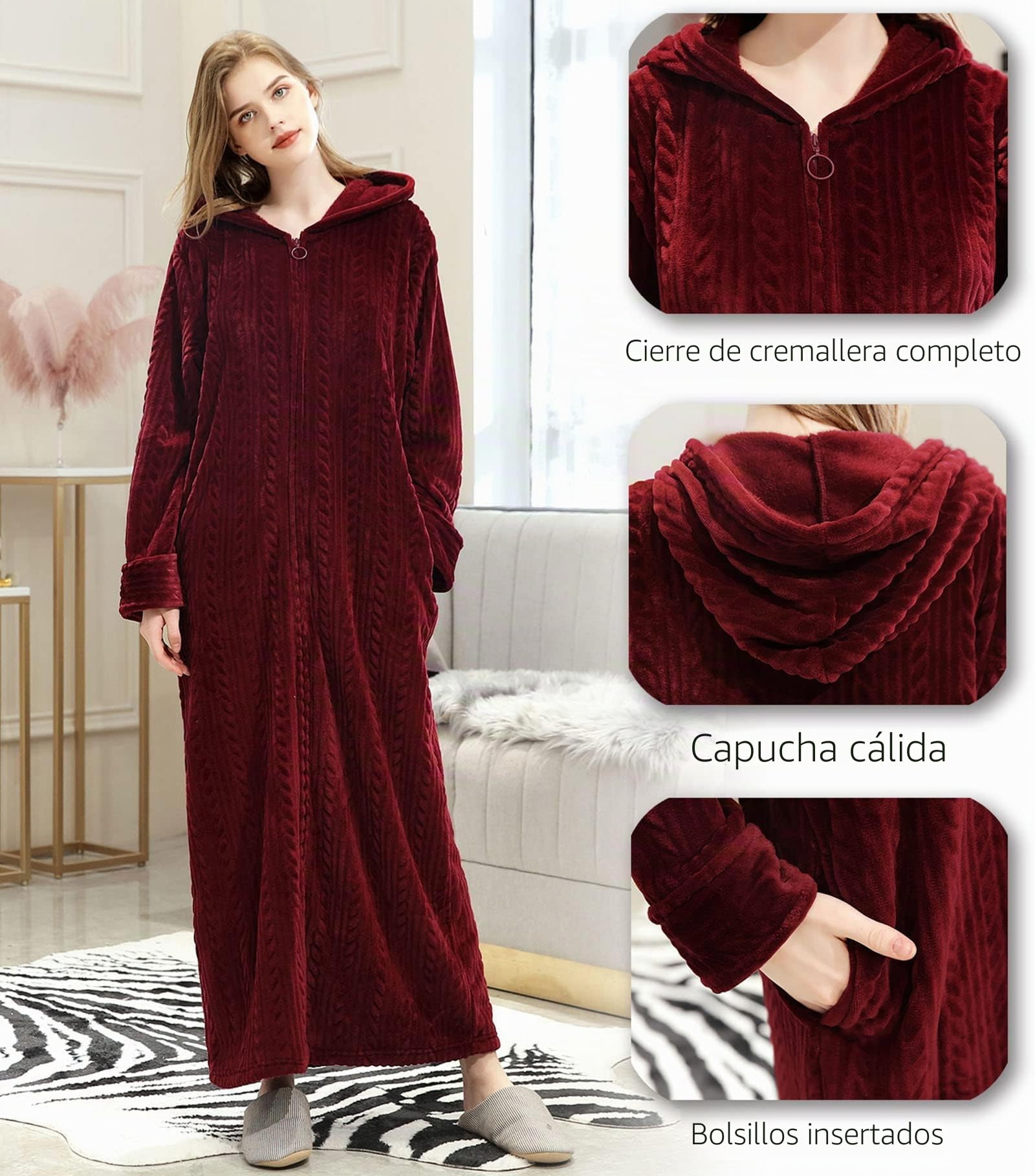 Albornoz Capucha Mujer Microfibra Bata Larga de Baño de Senora Cierre de Cremallera Invierno Ropa Gruesa y Cálida