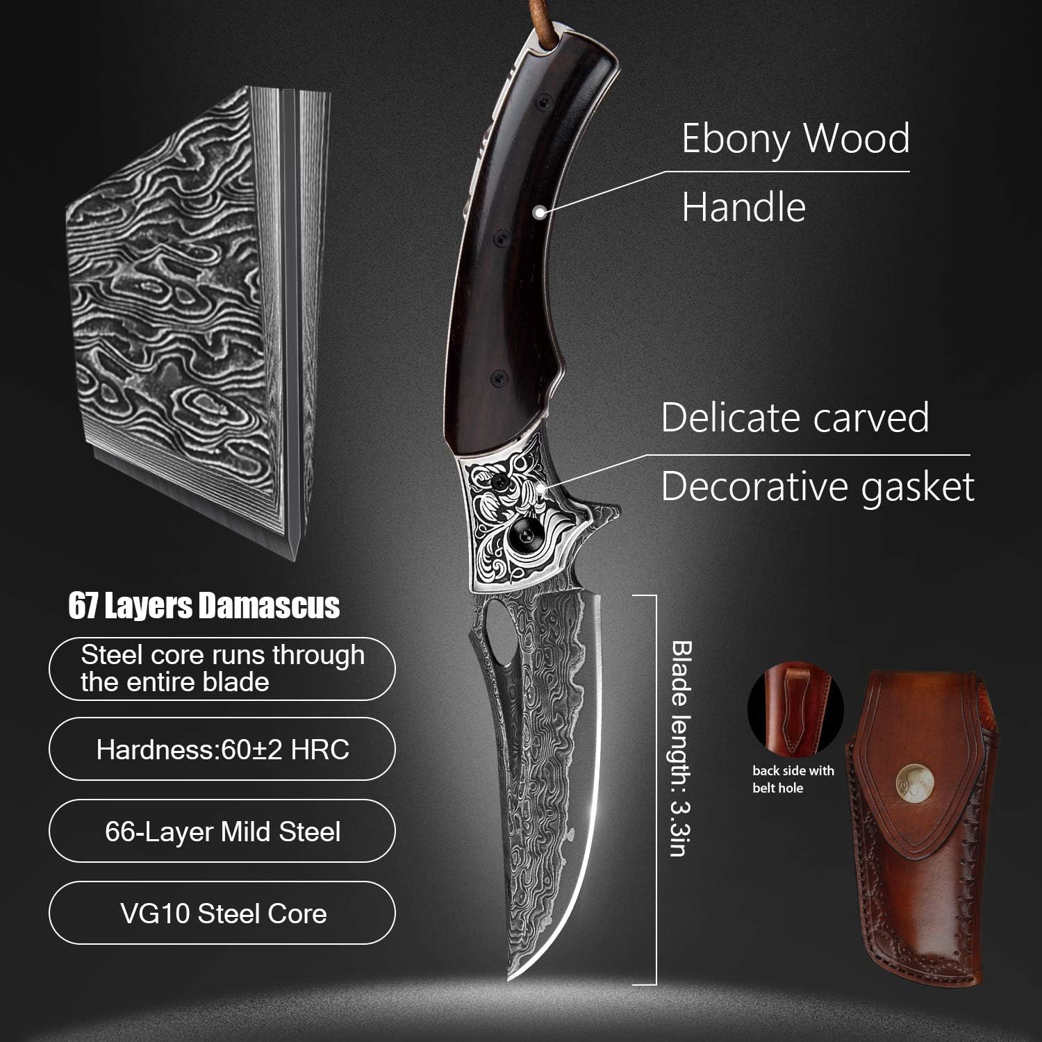 3.5in handmade japanese vg10 damascus steel blade folding pocket knife for men and women,leather sheath,ebony wood handle,liner lock,edc outdoor knives for camping
