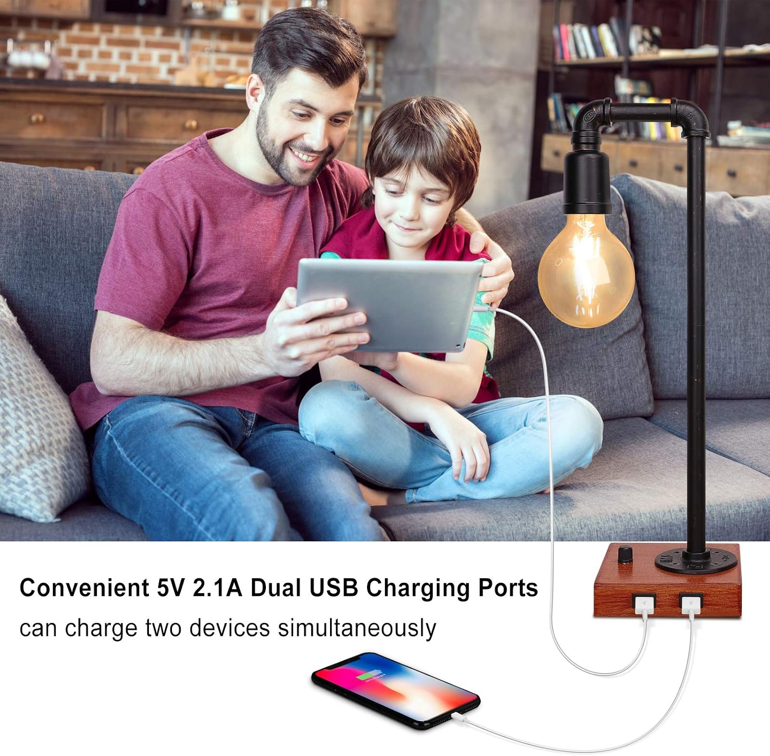 Industrial Table Lamp, Fully Stepless Dimmable Nightstand Lamp with 2 USB Charging Port, Rustic Steampunk Lamp Iron Vintage Bedside Lamp for Living Room, Bedroom, Office, E26 Edison LED Bulbs Included