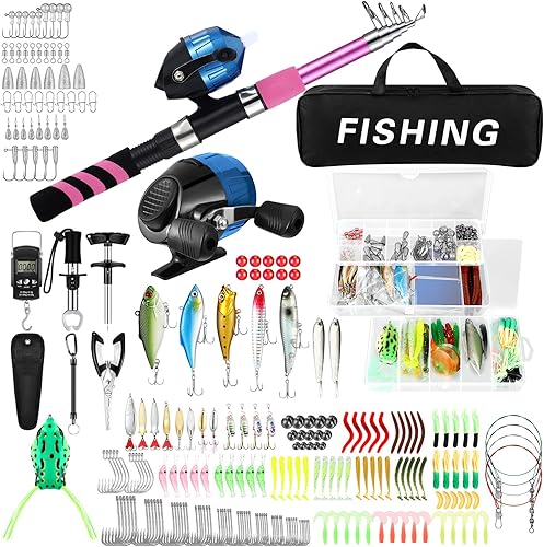 Juego de 310 piezas de caña de pescar y carrete, caña de pescar telescópica con carretes giratorios, bolsa de transporte, kit de caña de pescar, kit