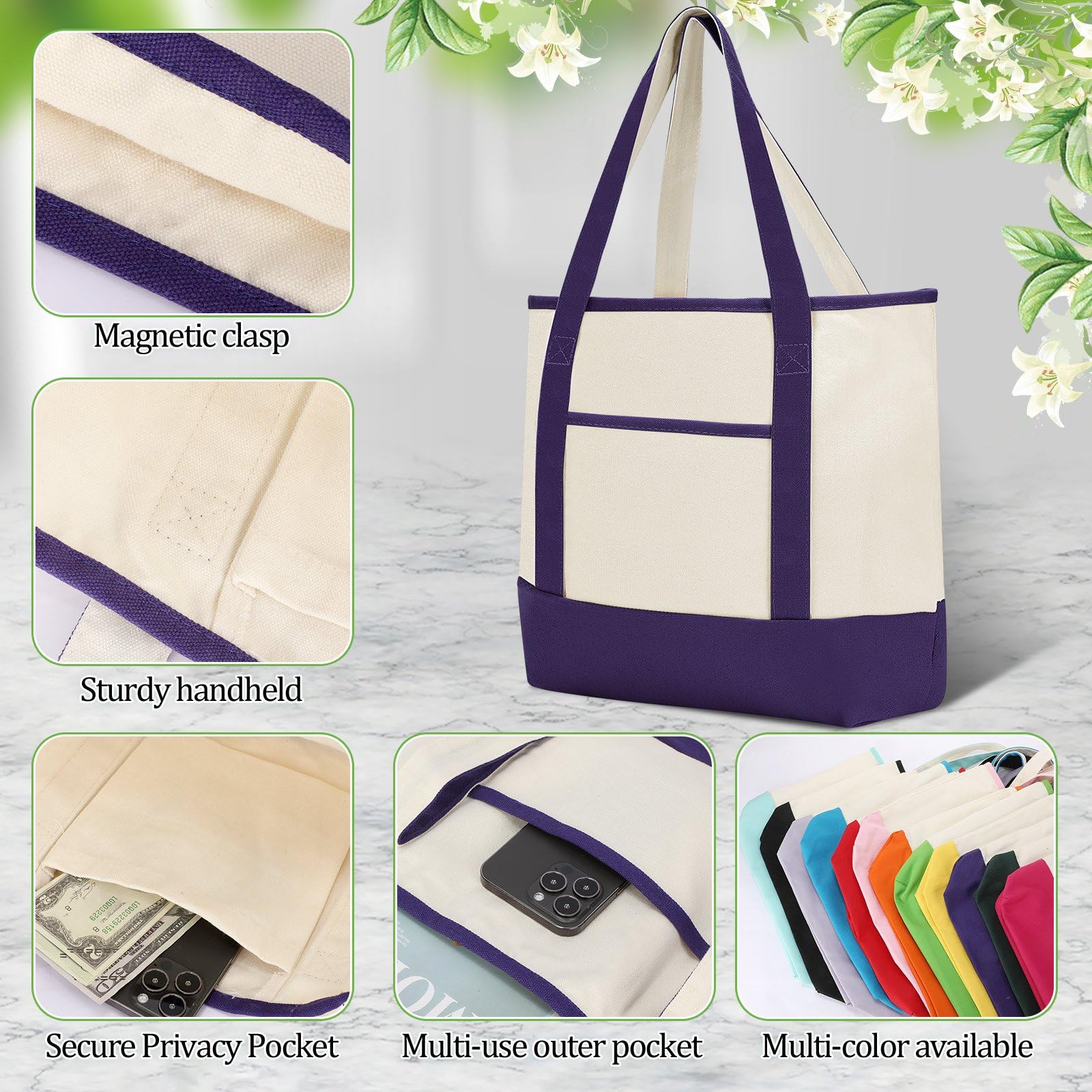 Sanwuta Confezione da 12 borse in tela con manici, 43,8 x 35,8 x 11,9 cm, resistenti, riutilizzabili, tinta unita, sacchetti di stoffa vuoti, per shopping, spiaggia, viaggi, lavoro, scuola