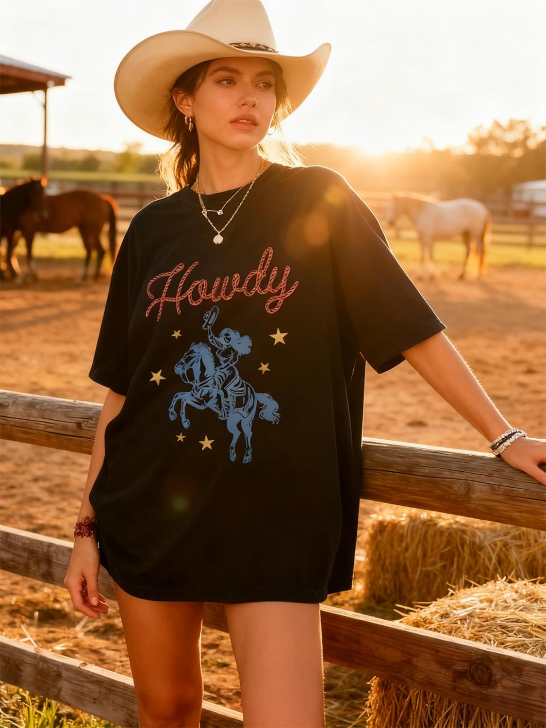 Oversized Western Shirts for Women Cowgirl Rodeo Graphic Tee Top Cowboy Vintage Country Concert Outfit - Image 2