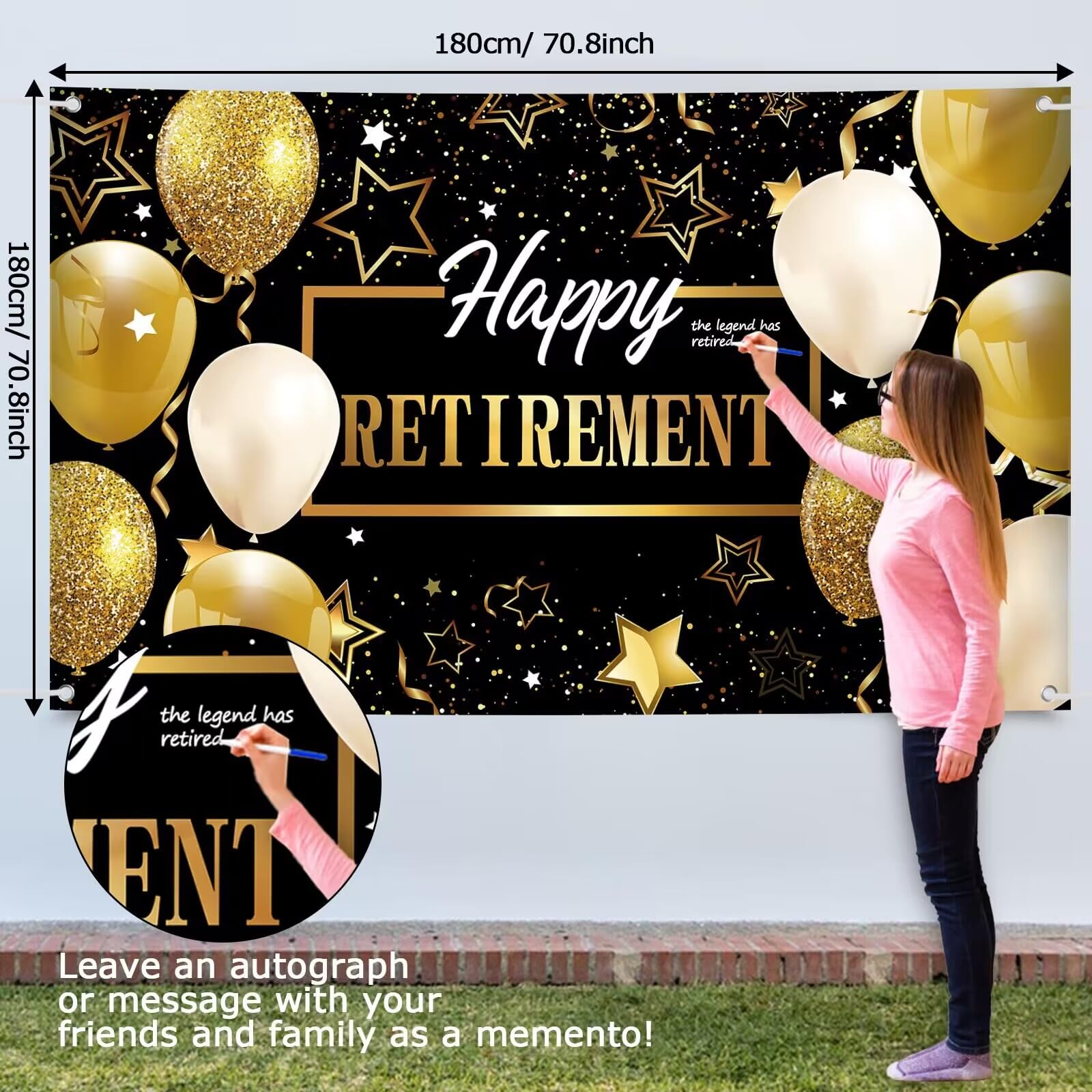 Striscione Sfondo Per Feste Di Pensionamento 185x110 Cm - Tessuto Con Corda, Decorazione Cabina Fotografica (Nero E Rosa) - 2