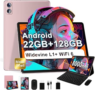 2025 Android Tablet 10 Inches, 22 (6+16) GB RAM + 128GB ROM/TF 2TB, 8000mAh Battery, 8-Cores CPU, Face ID, Widevine L1, WLAN 6, GPS, BT5.0, 5MP + 8MP, Tablet with Keyboard + Mouse, Metal Body