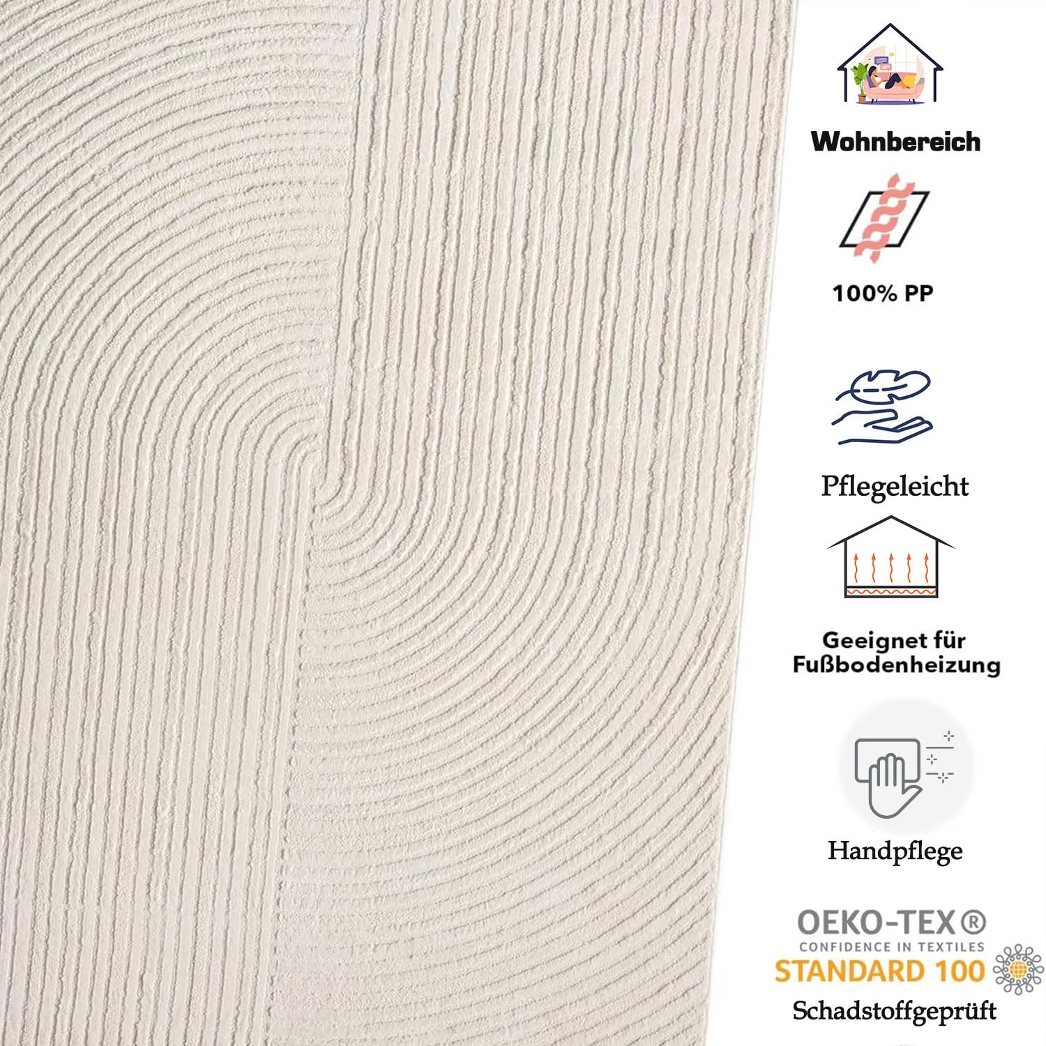 VIMODA Moderner Kurzflor-Teppich Boho Wohnzimmer Schlafzimmer dünn mit 3D Hoch-Tief Effekt Pflegeleicht,Farbe:Creme;Maße:200x290 cm