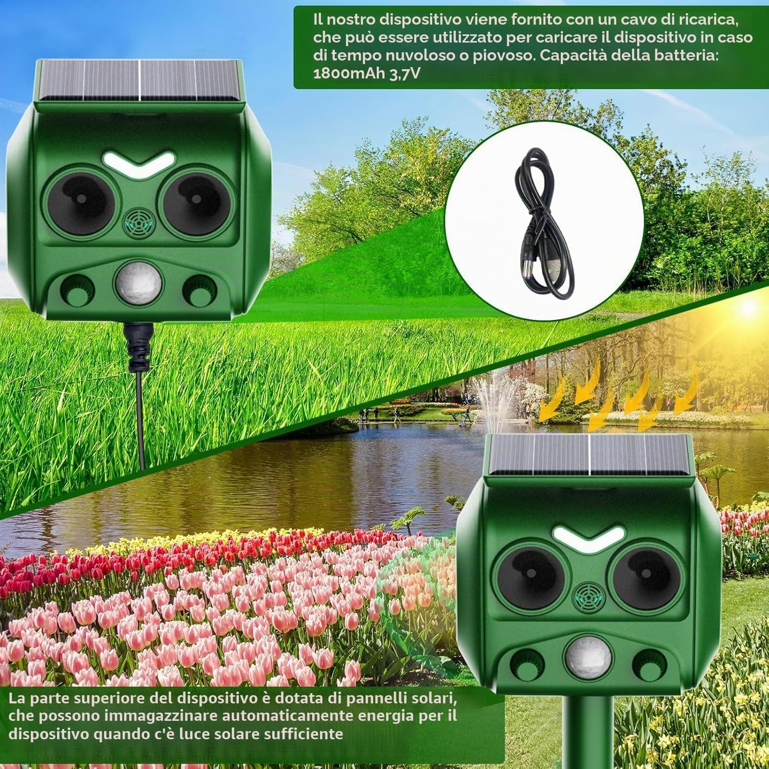 Ultrasonico Solare Alimentato Animale Deterrente,Sensore di Movimento e Luce Stroboscopica Impermeabile per Giardino,Cortile e Fattoria Allontana Volpi,Cani,Gatti,Uccelli e Ratti