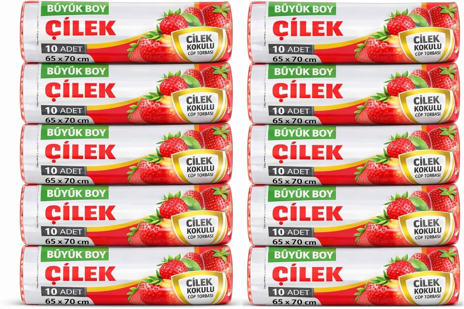 Büyük Boy Çilek Kokulu Büzgülü Çöp Torbası, 65x70 cm, 60 Litre, Çöp Poşeti, Su Geçirmez, Kalın, 10 Paket 100 Adet (BÜYÜK BOY, 10 PAKET ÇİLEK KOKULU)