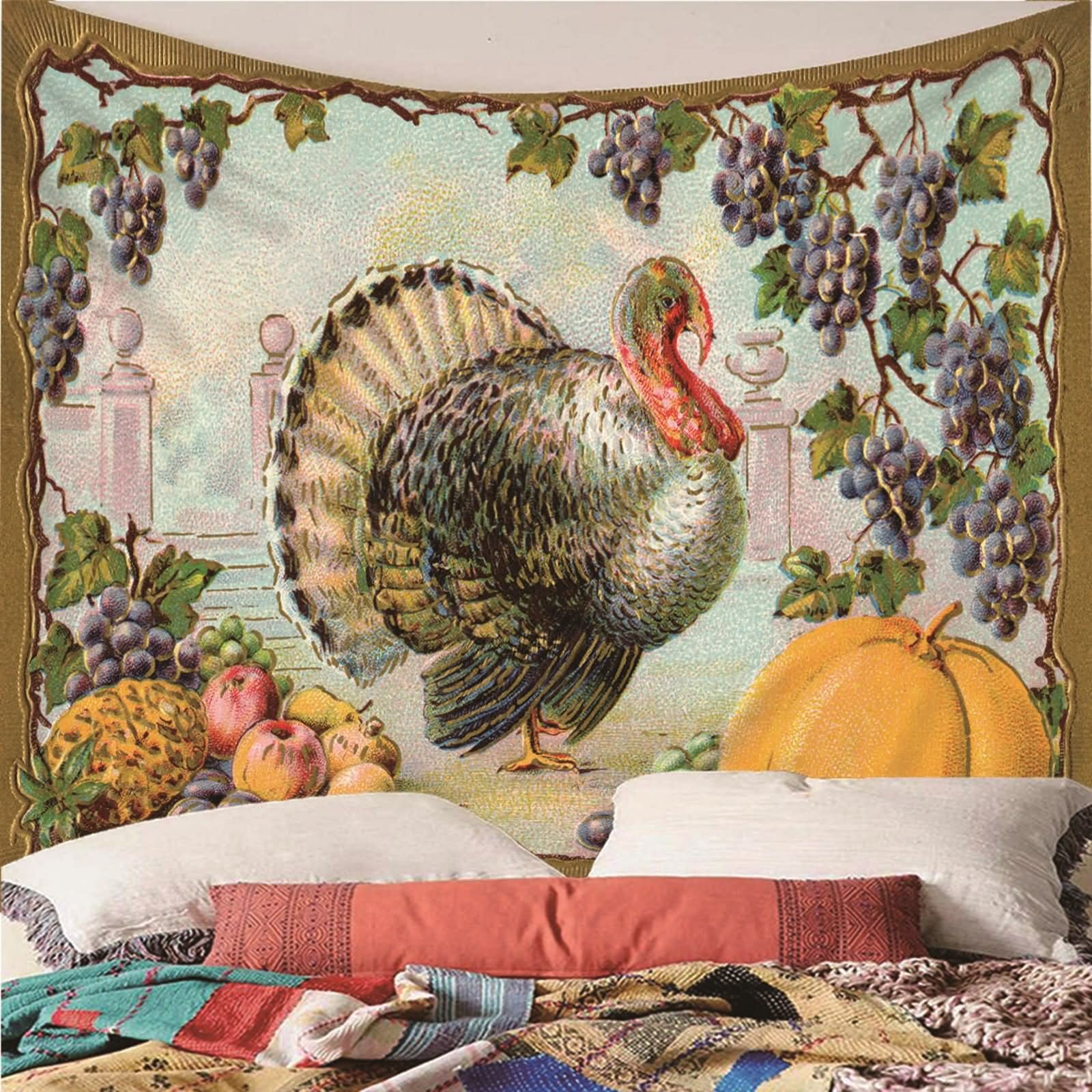 Aotiwe Uroczy gobelin, dekoracje ścienne do sypialni owoce i indyk poliester wielokolorowy 350 x 256 cm do wnętrz