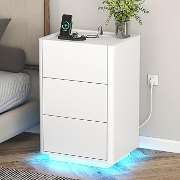 YOSHOOT Bedside Table with LED Lights 3 Drawers, Side Table with Charging Station, Modern Nightstand for Living Room, Bedroom, Study,39.8 35 65cm White