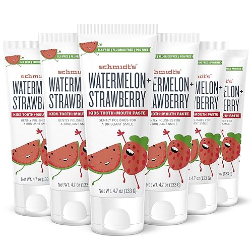 Schmidt's Pasta de dientes para niños para dientes limpios, sandía + fresa, sin flúor, 4.7 onzas, 6 unidades