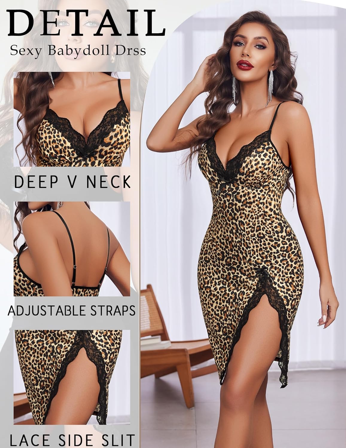 Avidlove Nightgowns for Women Side Slit Modal Strap Nightwear Lace Babydoll Chemise - Image 2