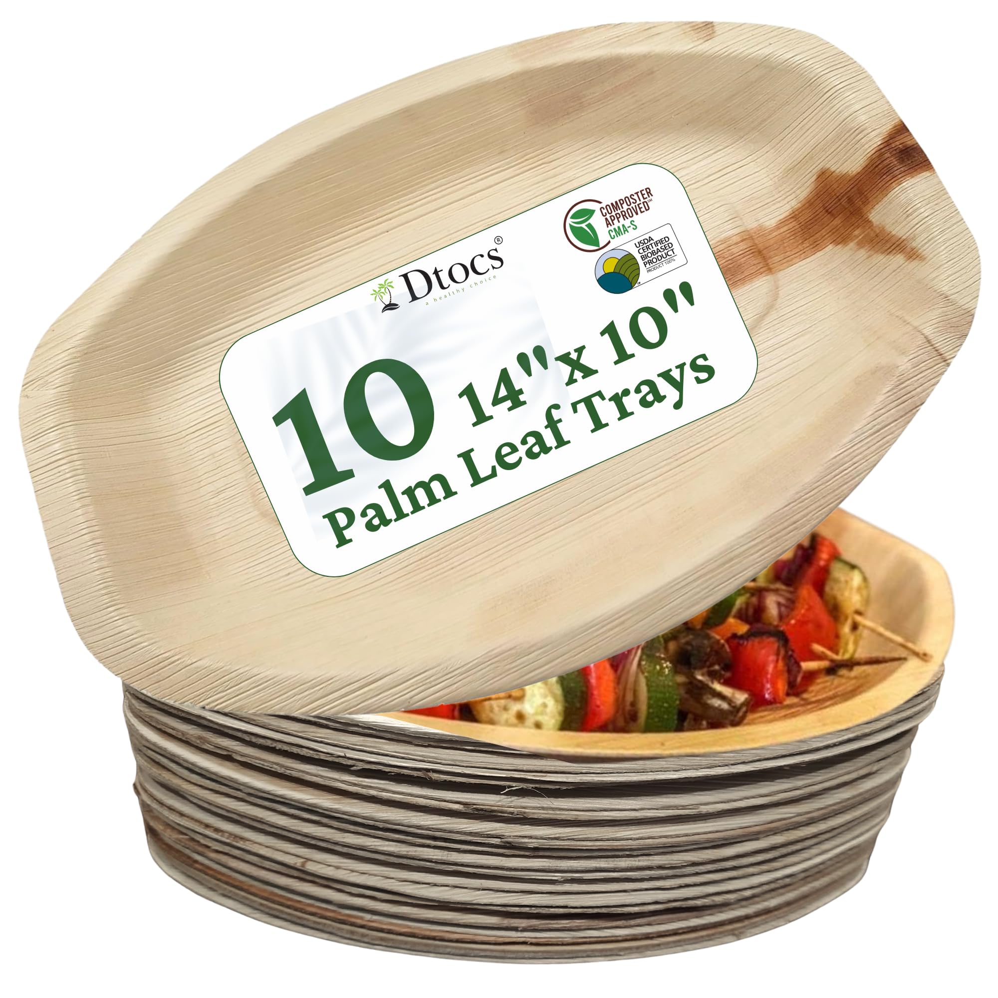DtocsDisposable Serving Trays 14"x10" Oval Palm Leaf Platters (10) - Bamboo Trays Look Compostable Plates for Charcuterie Boards, Grazing Boards, Trays for Serving Food at Weddings, Catering, Events