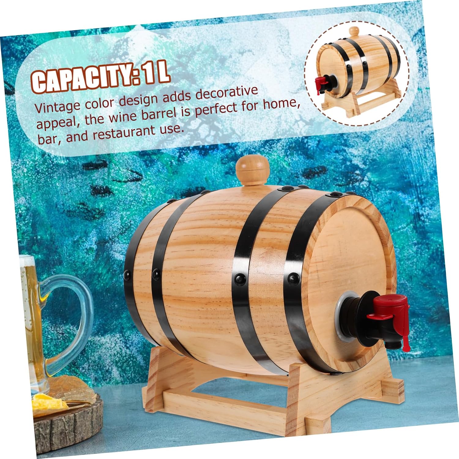 LIFKOME Wooden Wine Barrel Aging Dispenser 1L Retro Drink Barrel for Beer Whiskey and Rum Storage Vintage Decor for Parties and Restaurants