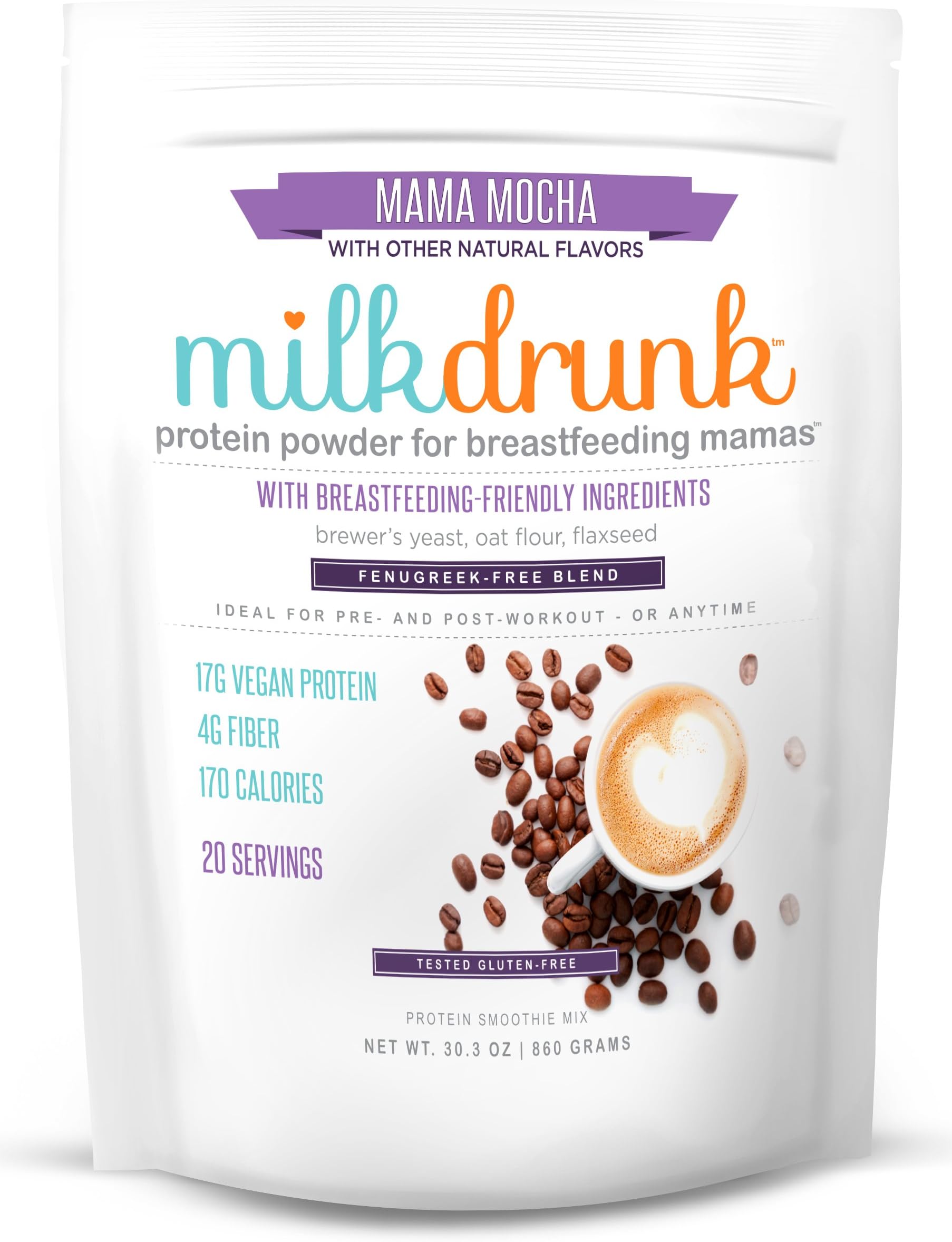 Fenugreek-Free - Mocha Dairy Free Protein Powder for Breastfeeding - 20 Servings of Vegan Protein & Lactation-Friendly Ingredients - Oats, Flax, Brewer's Yeast -Tested Gluten Free