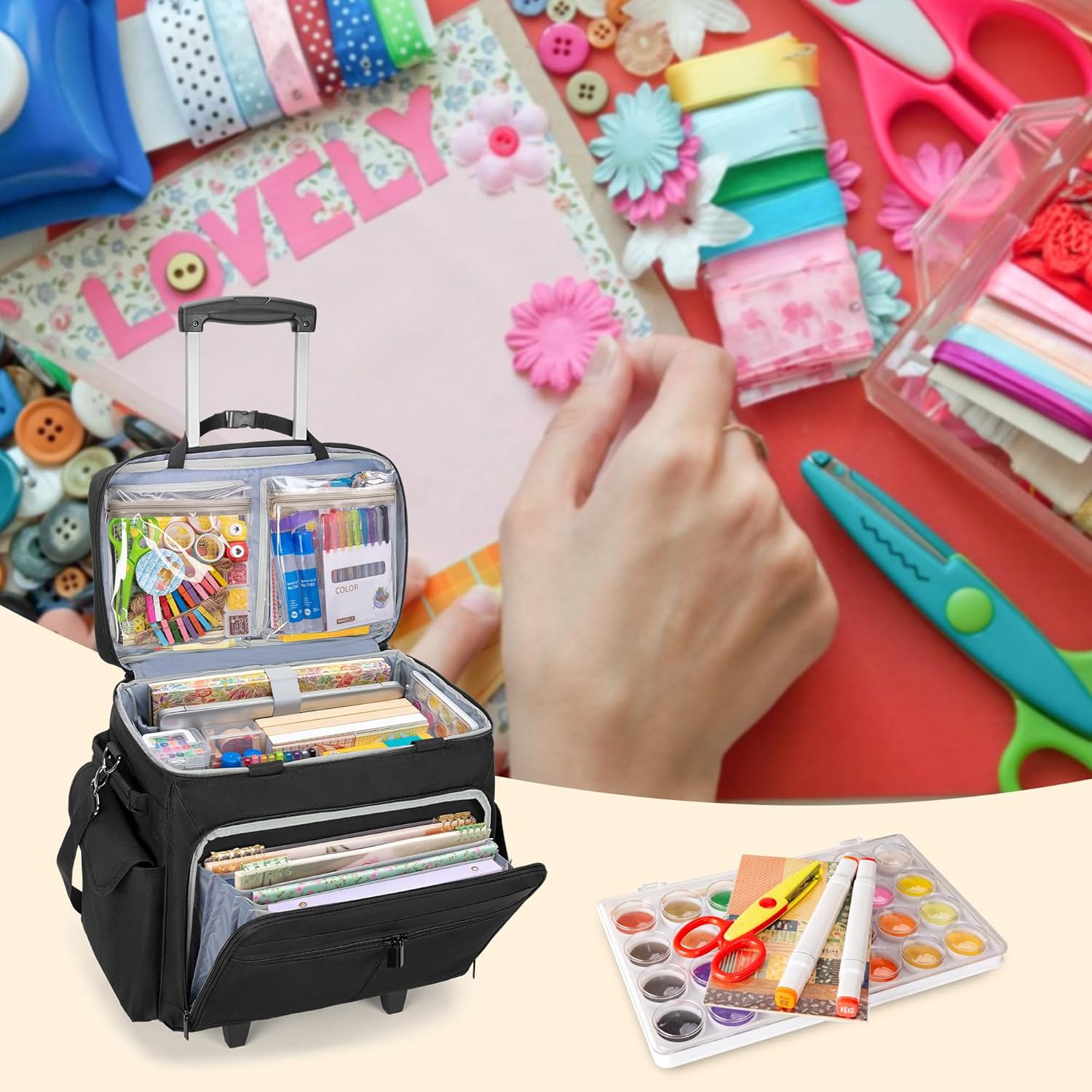 Trunab Rolling Scrapbook Tote with Expandable File Pocket, Large Craft Organizer and Storage Bag with Detachable Trolley for Scrapbooking Supplies and Art Tools (Patented Design) - Image 4