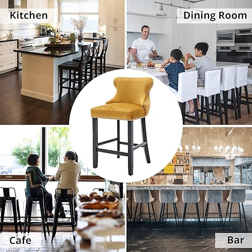 Miniatura 7 de i-POOK Juego de 2 taburetes de bar de altura de mostrador, taburetes de bar tapizados de terciopelo con patas de madera maciza, botones copetudos y