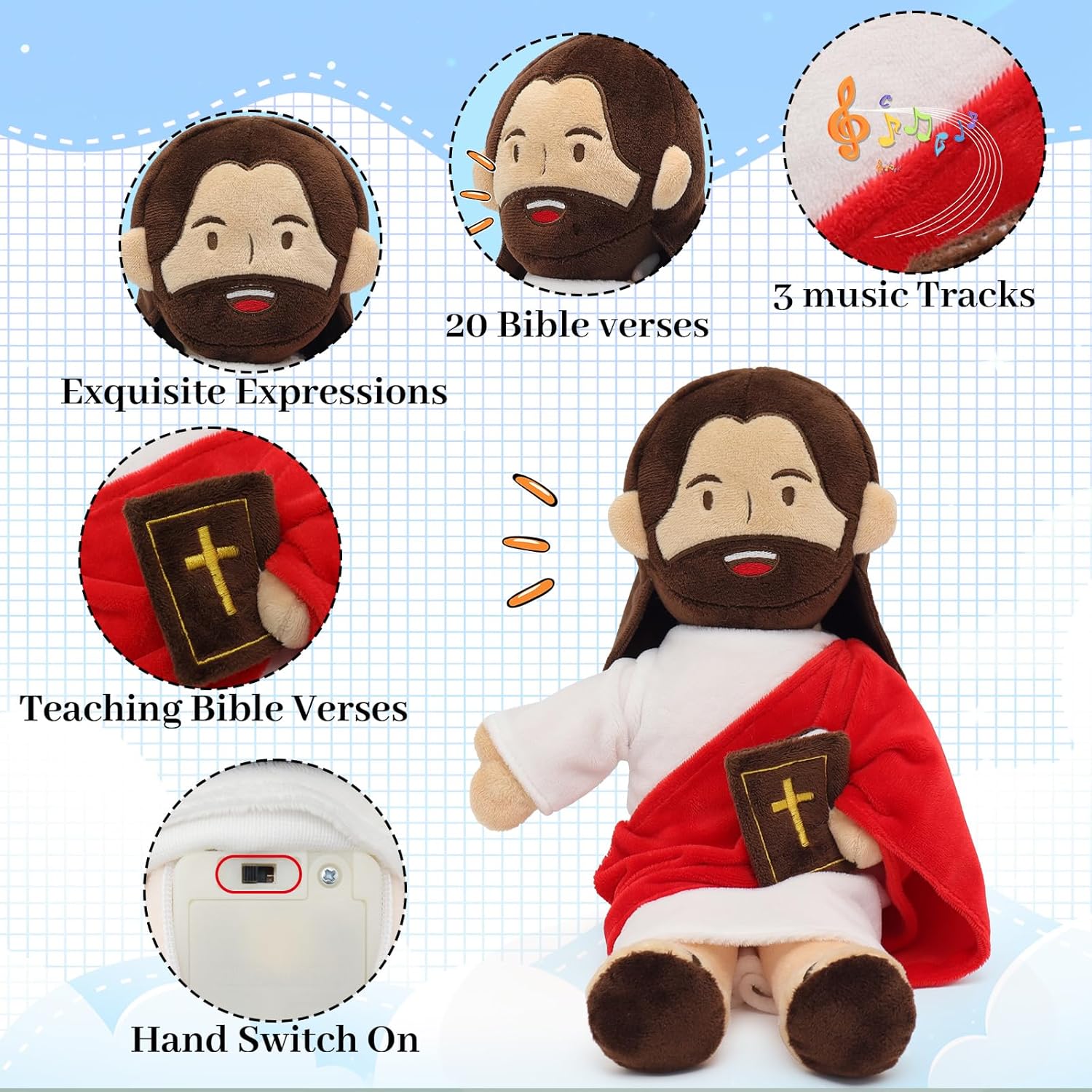 Yelakey Jesus Plush - 13.4“ Talking Jesus Plush Toy with 20 Bible Verses and 3 Bible Songs, Religious Stuffed Doll for Kids, Christian Easter Gift for Church and Sunday School