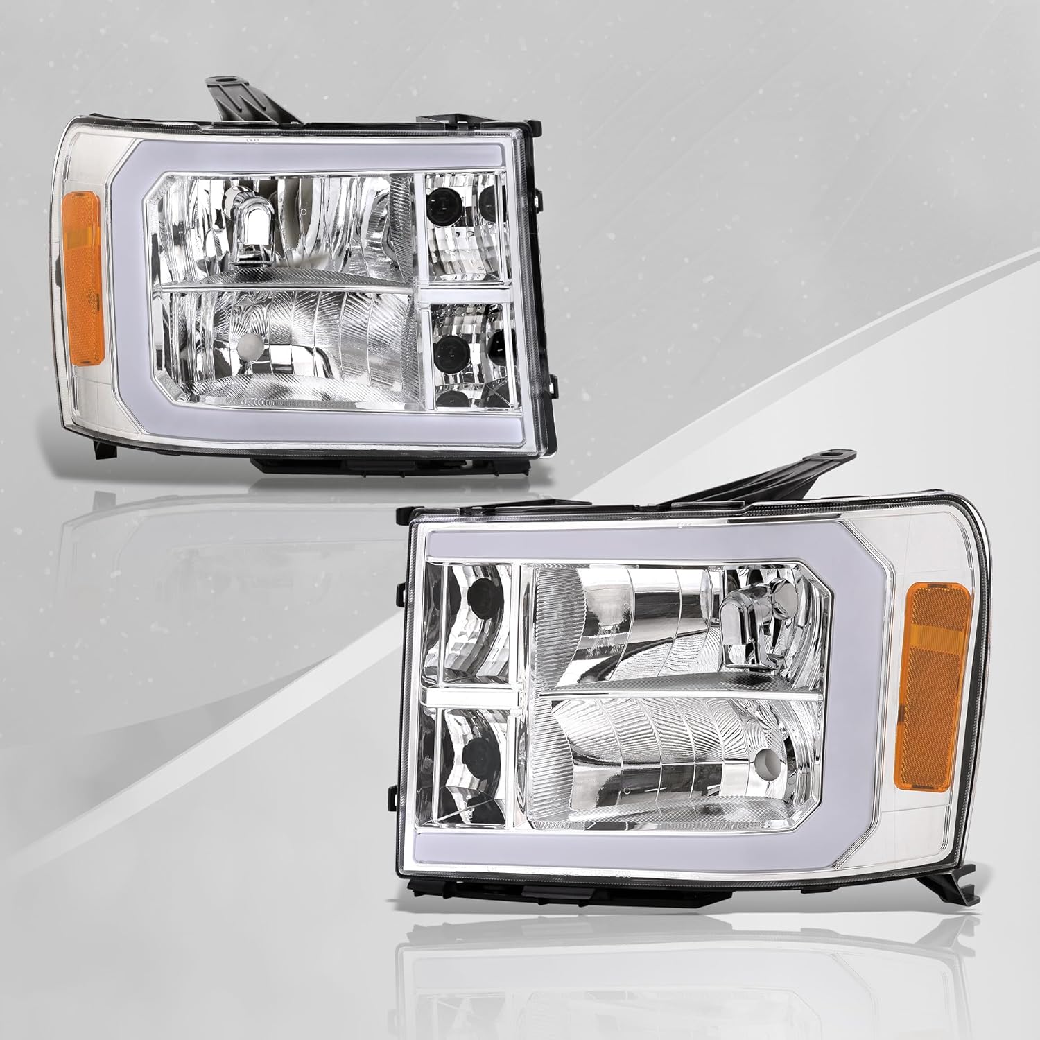 AJP Distributors LED DRL Chrome Housing Clear Lens Amber Reflectors Signal Headlights Lamps Lights Pair Compatible/Replacement For GMC Sierra 1500 2500HD 3500HD 2007 2008 2009 2010 2011 2012 2013 2014