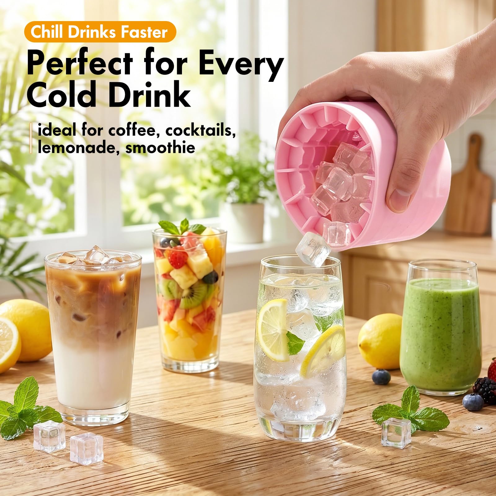 Mini-Eiszylinder, Silikon-Nugget-Eiswürfelbereiter, zum Drücken und Lösen kleiner Eiswürfelformen für Gefrierschrank, Cocktails, Kaffee und Becher (2, Rosa + Blau), 2 Stück