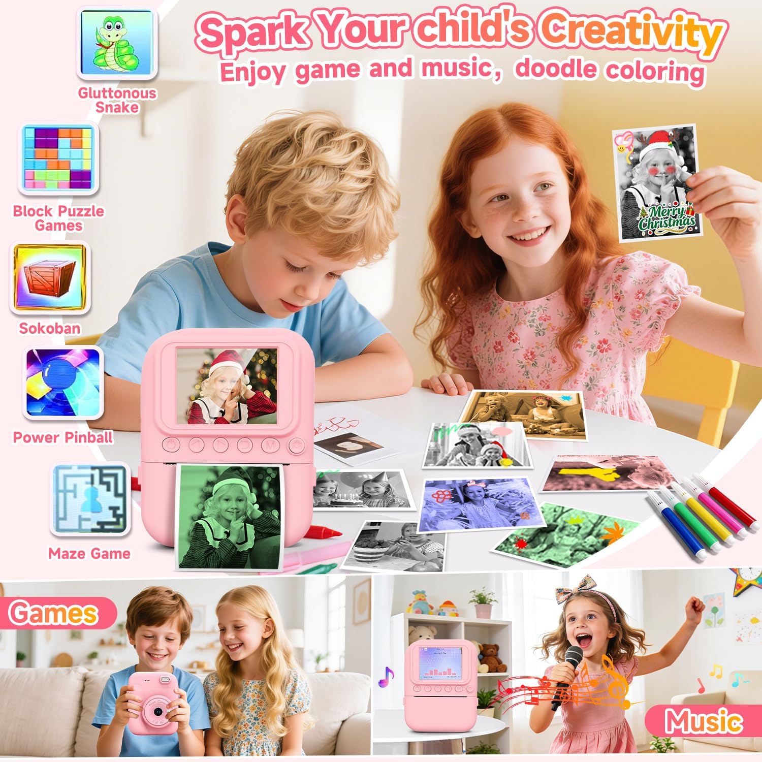 Kids Camera Instant Print Camera for Kids Toys for 3 4 5 6 7 8 Year Old Girls Christmas Birthday Gifts, 8 Rolls Print Paper Roll Refill