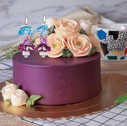 Miniatura 6 de Vela número 3, vela de cumpleaños azul y morado para usar como parte de una fiesta bajo el mar o sirena