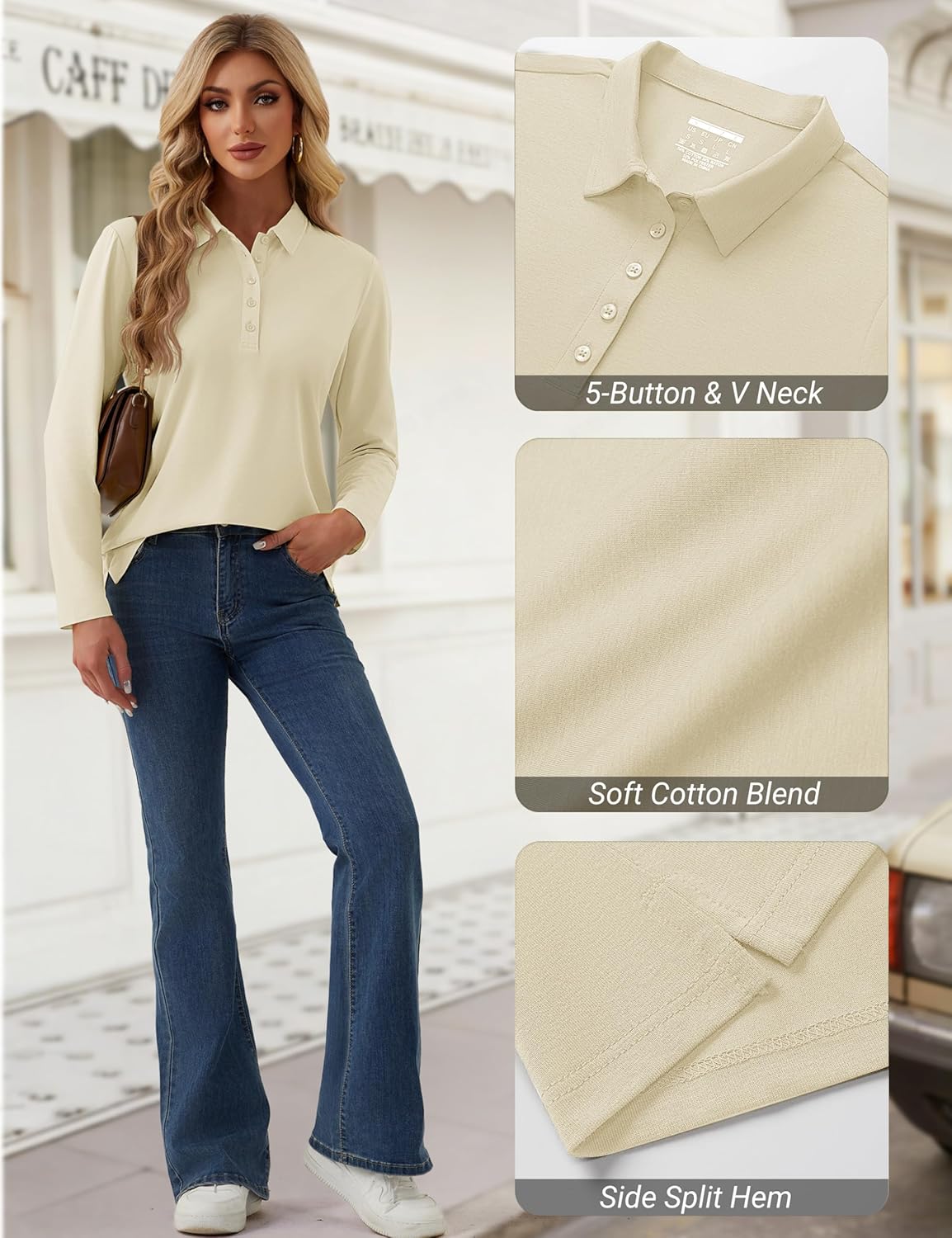 YUCOLEN Long Sleeve Polo Shirts for Women Golf Tees 5-Button Cotton Collared Shirt Business Casual Work Tops - Image 6