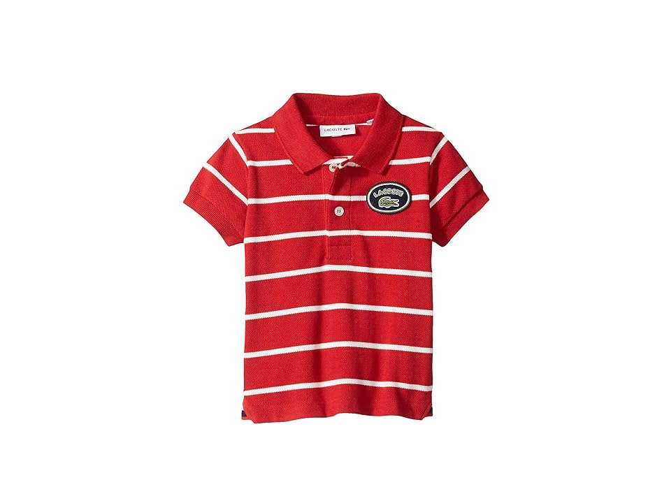 

Lacoste Kids Short Sleeve Striped Heritage Lacoste Badge Pique Polo (Infant/Toddler/Little Kids/Big Kids) (Lighthouse Red/Flour) Boy's Clothing
