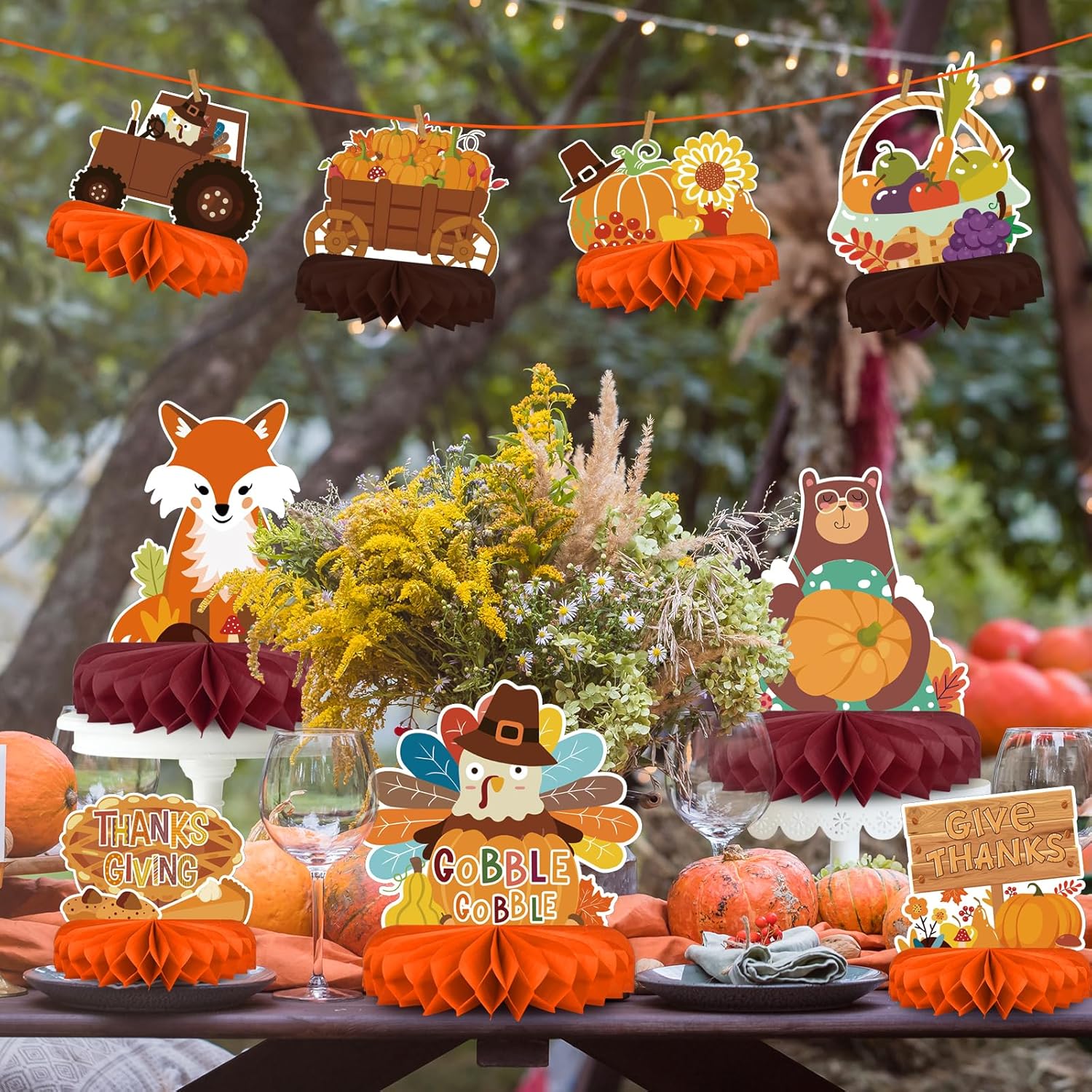 9PCS Premium Fall & Thanksgiving Party Decorations Set - Autumn Honeycomb Centerpieces, Table Toppers - Ideal as Fall Classroom Decorations, Thanksgiving Birthday Supplies & Autumn Party Decorations
