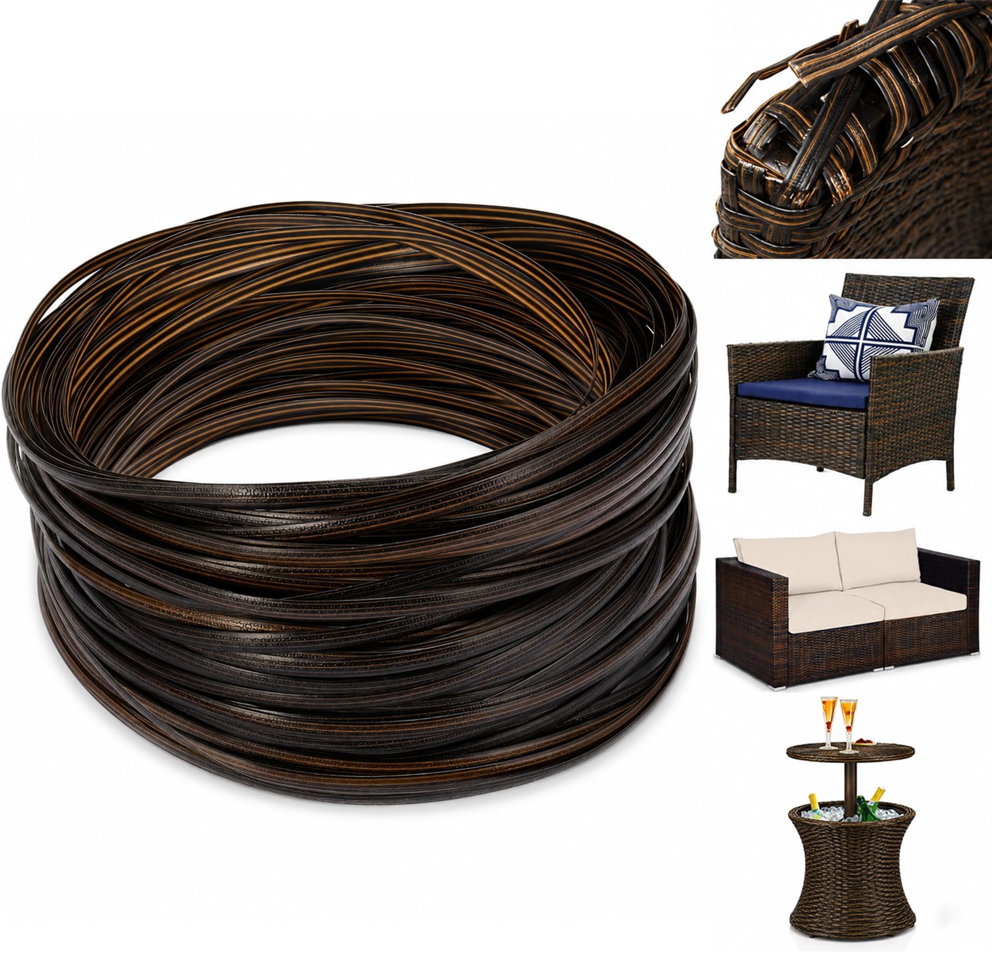 Wicker Repair Kit, Synthetic Embossing Rattan Fix Material Supplies Vinyl Plastic Waterproof Flat Ribbon for Garden Patio Furniture and Rattan Chair Sofa Basket Replacement-130Ft Dark Coffee Brown
