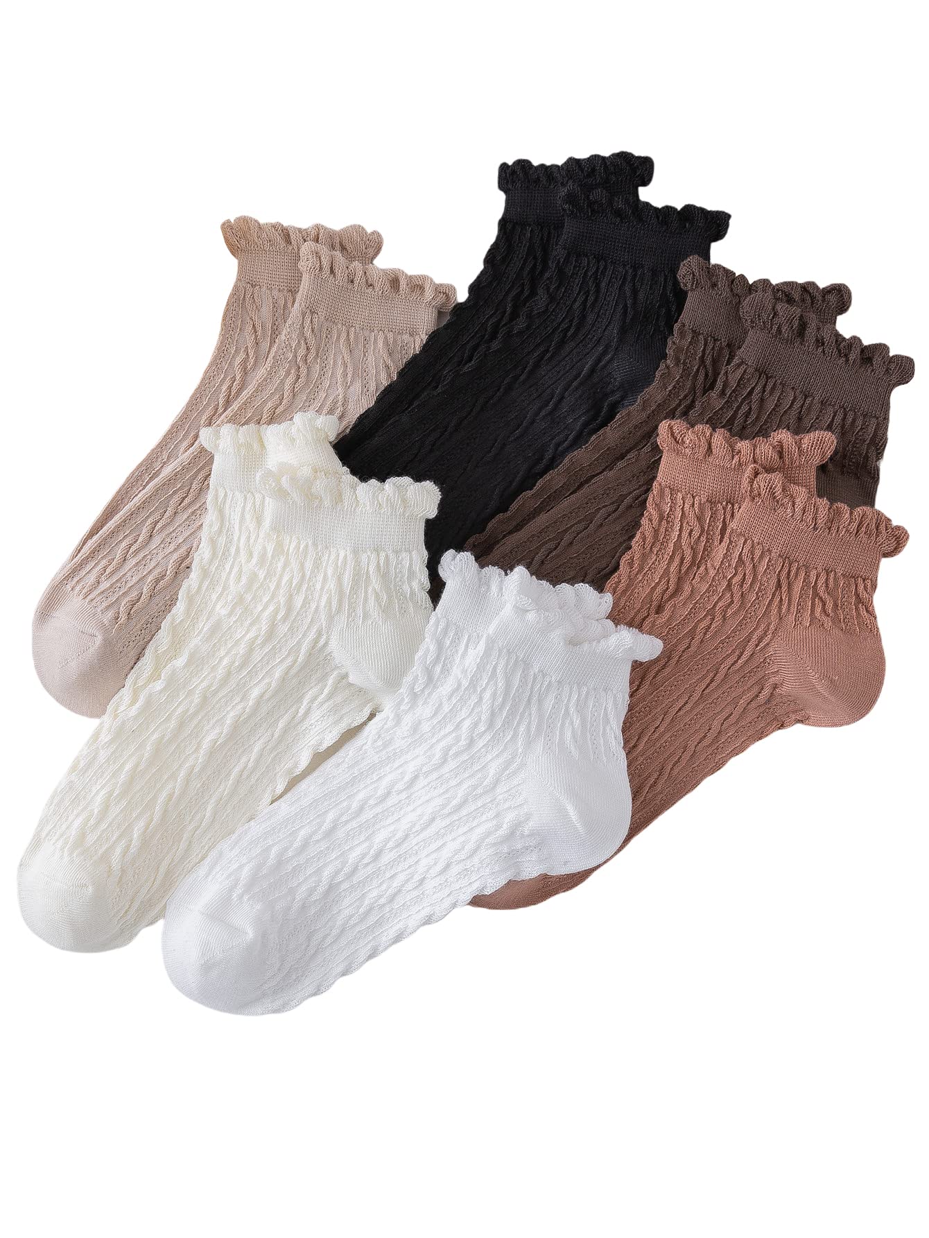 SHENHE Women's 6 Pairs Cute Heart Embroidery Lettuce Trim Breathable Ankle Socks Scallop Trim Multicolor One Size