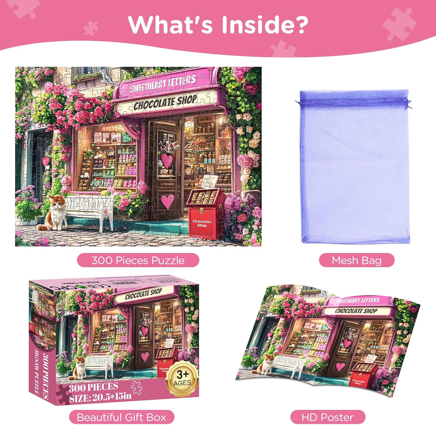 Jigsaw Puzzles 300 Pieces for Adults,Chocolate Shop 300 Piece Puzzles,Cat Puzzle for Kids Adult Senior,Pink Flowers Challenging Puzzles Family Activity Great Gift Home Decor 20.5x15 in
